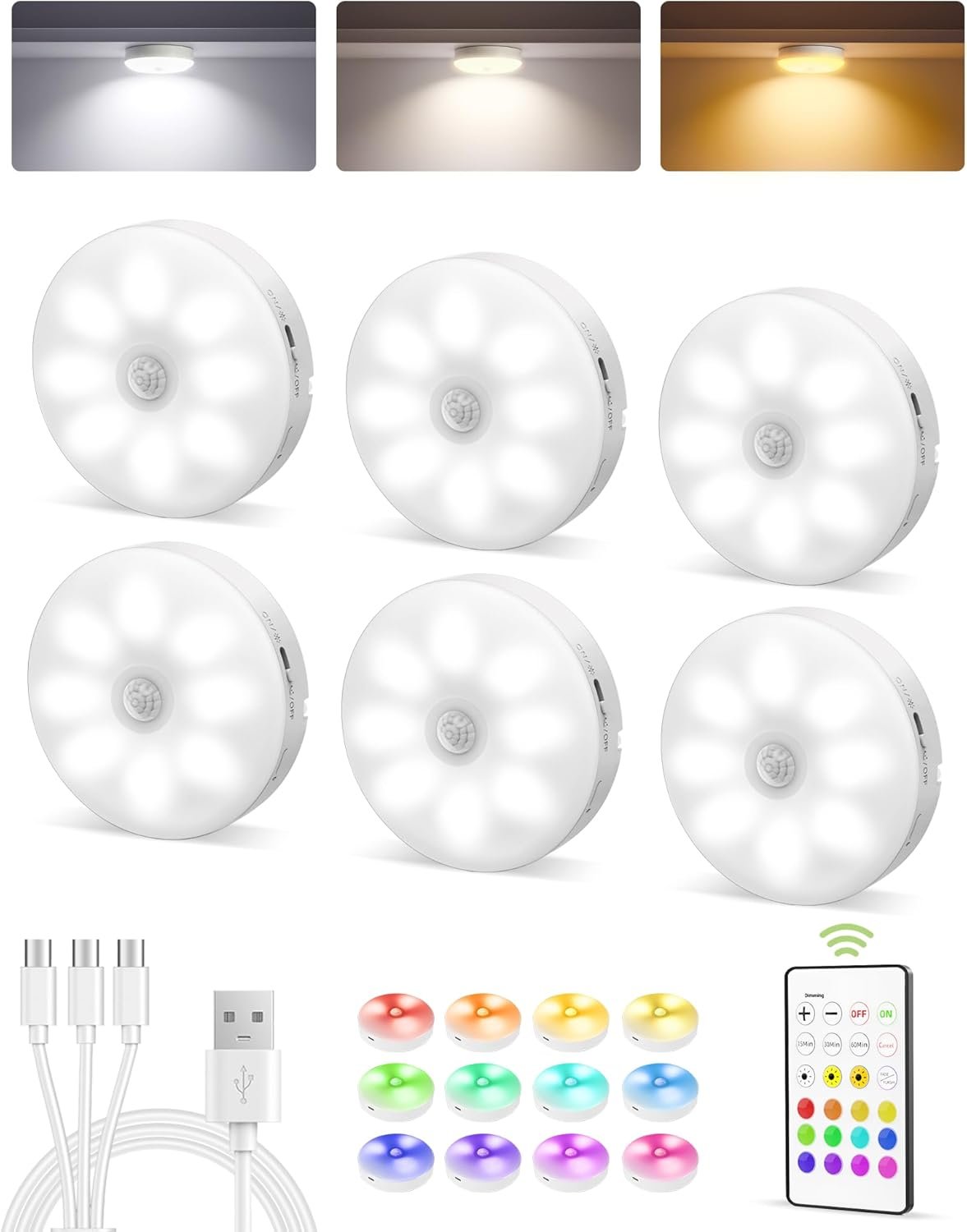 EZVALO RGB Under Cabinet Puck Lights with Remote, Motion Sensor Lights | 6-Pack with Remote, Rechargeable, Wireless, 3 Color Temps, 12 RGB Colors, Magnetic, Dimmable, for Counter, Closet, Shelf