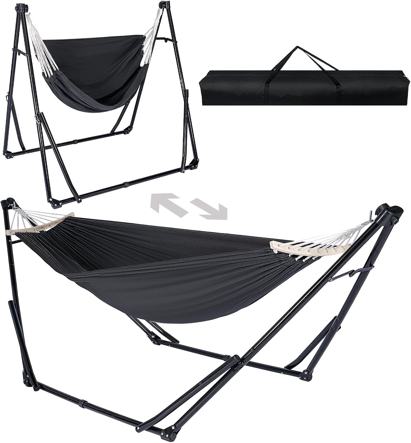 2-in-1 Hammock Chair with Stand, Portable Hammock, Black | Adjustable swing chair for teens with heavy-duty steel stand, carry bag and 440 lb capacity.