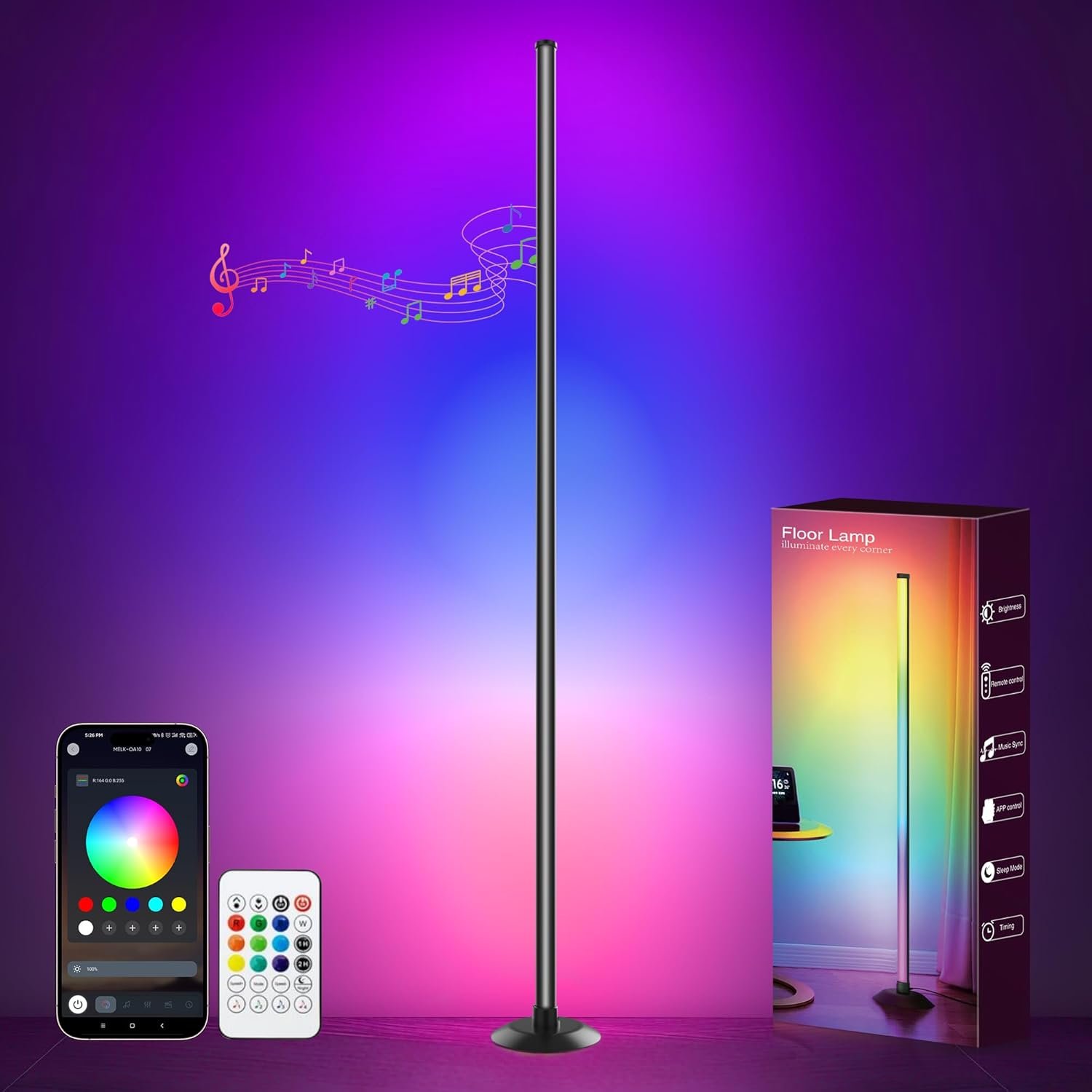 NBBUFF IC+RGBW Led Corner Floor Lamp USB Powered App & Remote Control,1Pack | Color Changing Music Sync Led Lamp, Timer, 64+ Music Modes, Standing Lamps for Living Room Lamp Bedroom Gaming Room