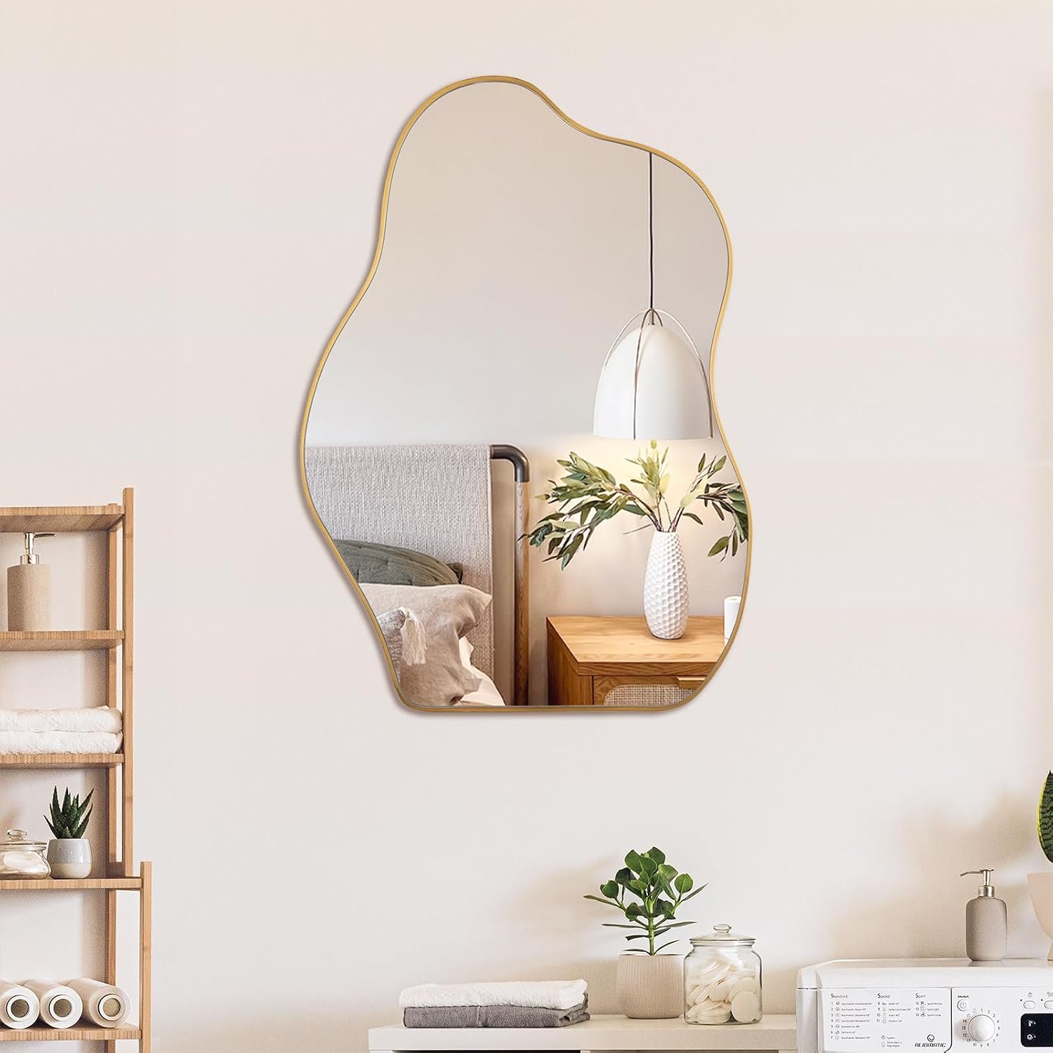 BOMINICA Irregular Wall Mirror Asymmetrical Mirror, Decorative Wall Mirror Golden Wood Framed, Wall Mounted Mirror for Bathroom Living Room Entryway Bedroom Hallway (Gold, 20″ x 28″)