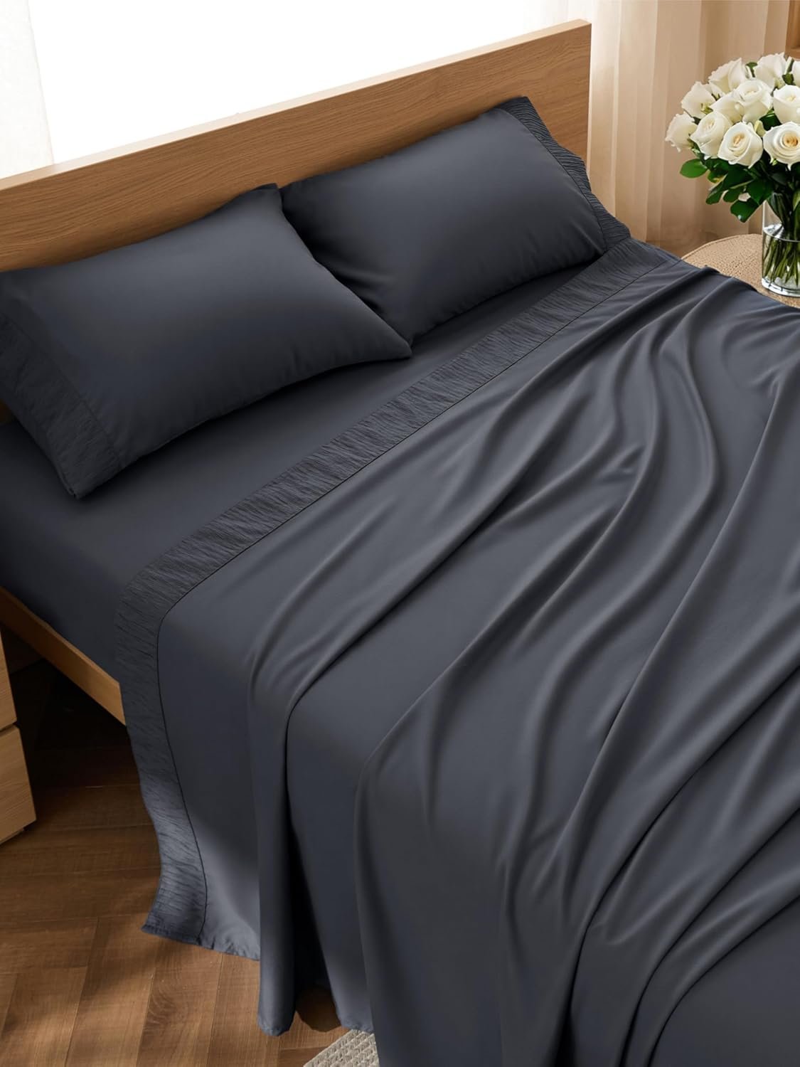 Bedsure King Size Sheets Set – 4 Pieces Soft King Sheets – Breathable & Cooling – Hotel Luxury – Easy Care Polyester Microfiber Bedding for Kids, Women, Men, Dark Grey