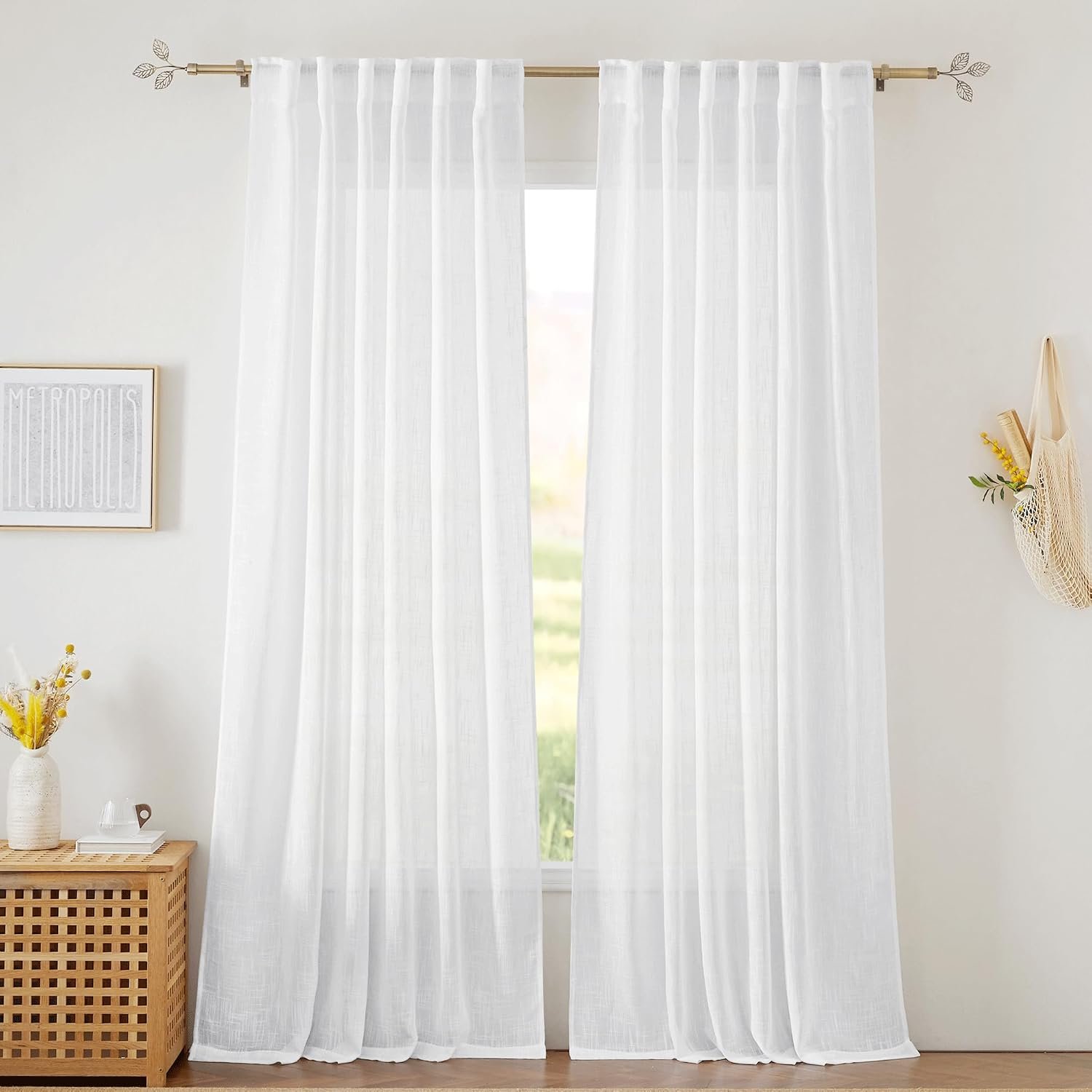 RYB HOME White Sheer Curtains for Living Room Patio Glass Door, W52 x L95 | Linen Texture, Light Filtering Privacy, Airy Translucent, Back Tab, Bedroom Office Balcony, W52 x L95, 2 Panels