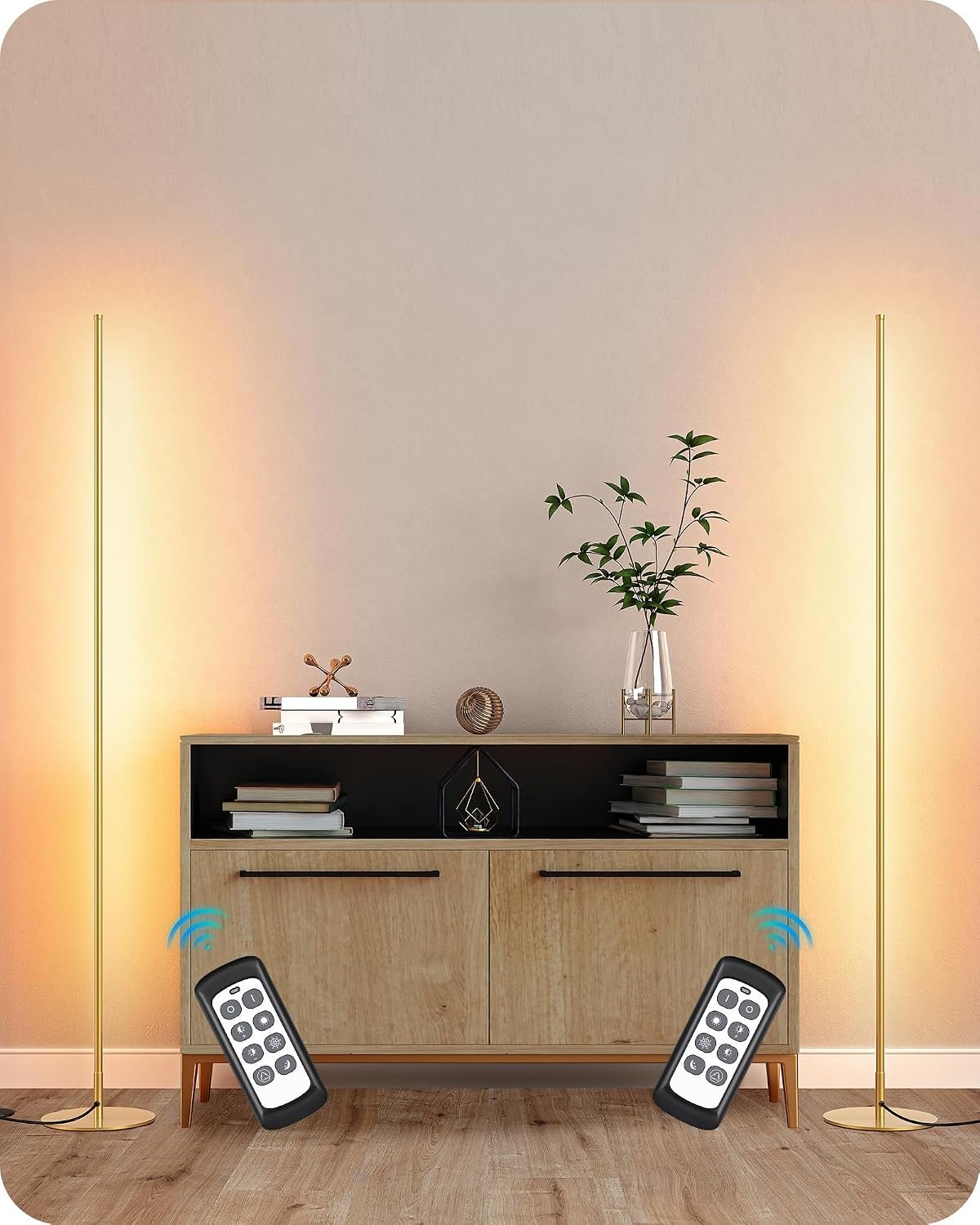 EDISHINE LED Corner Floor Lamp, Set of 2 Minimalist Dimmable Light with Remote, 57.5″ Tall Standing Lamp for Living Room, Bedroom, Home Office, 7 Color Temperature 2700-6000K (Gold)
