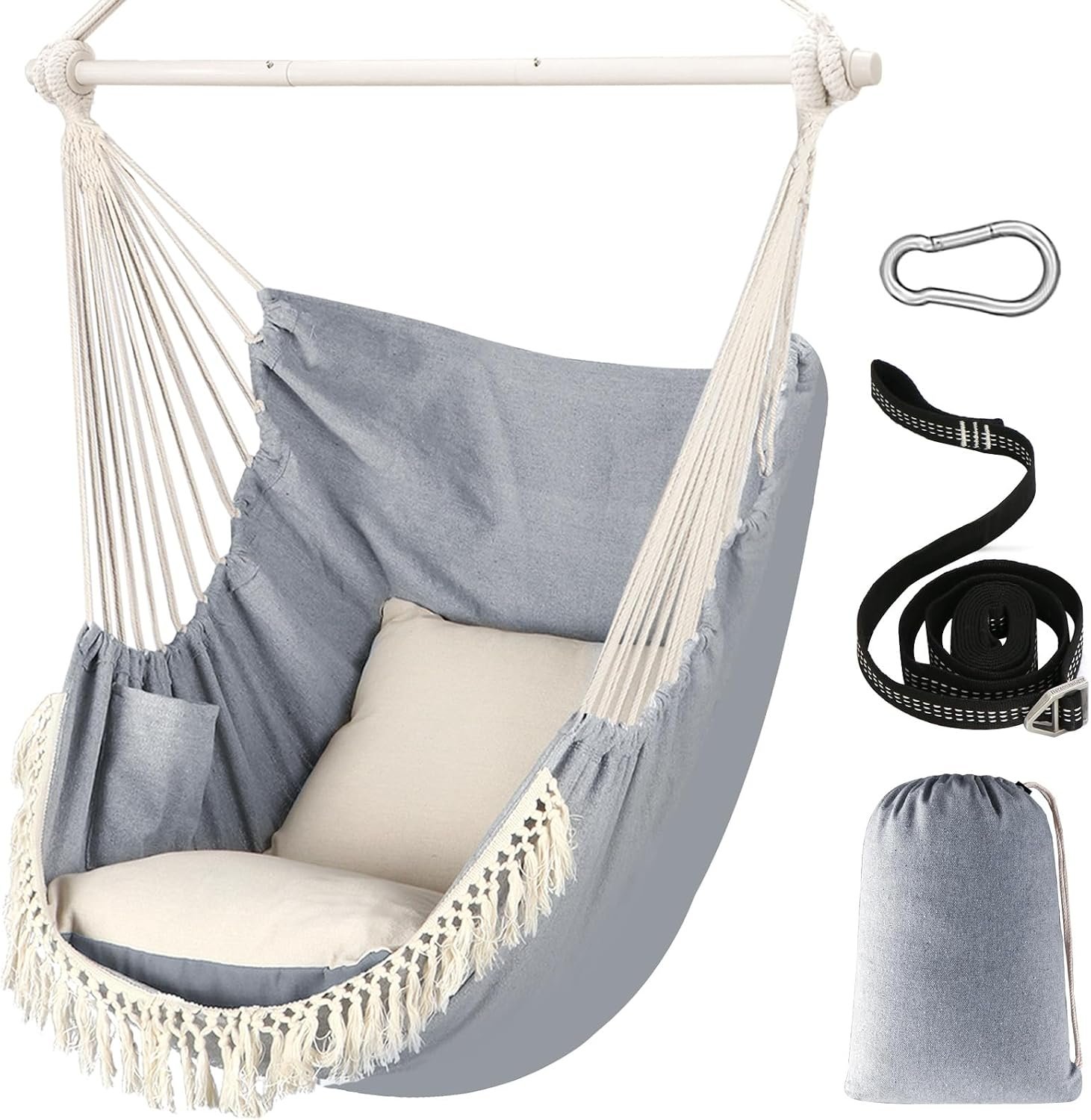 Chihee Hammock Chair Max 500 Lbs 2 Cushions Spreader Bar Strap Carabiner | Collapsible Metal Rod with Anti-Slip Grooves Portable Hanging Swing Side Pocket Macrame Bohemian Chair Indoor Outdoor Graden