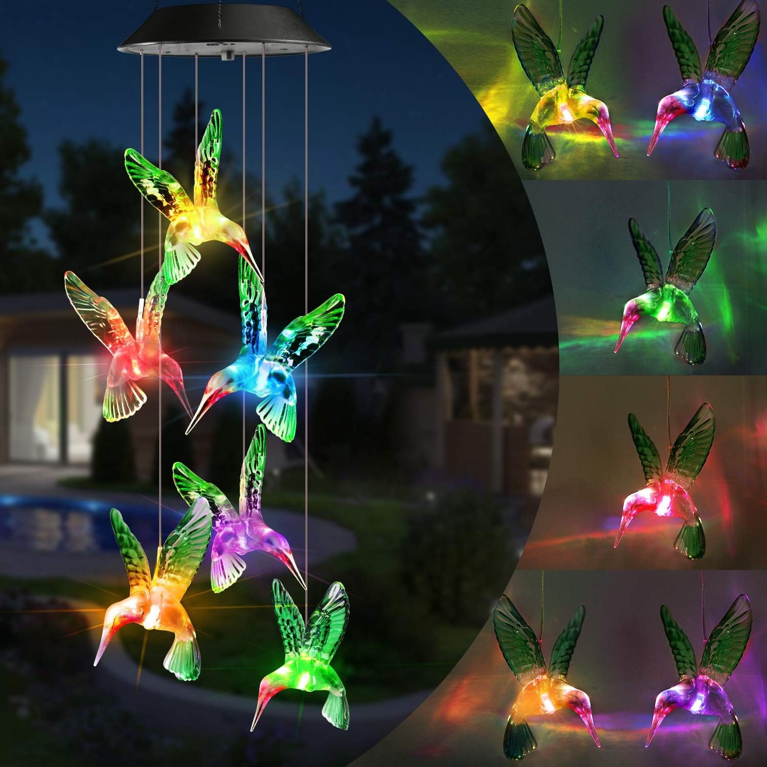 Toodour Solar Wind Chime, Color Changing Wind Chimes Hummingbird | LED Decorative Mobile, Gifts for Mom Grandma, Waterproof Outdoor Decorative Lights for Garden Patio Yard Window Outdoor Decor