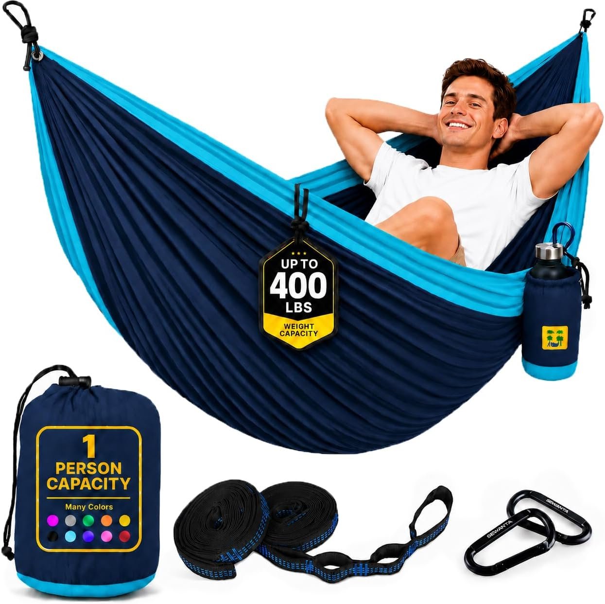 Durable Hammock 400 lb Capacity, Nylon Camping Hammock Chair – Double or Single Sizes w/Tree Straps and Attached Carry Bag – Portable for Travel/Backpacking/Beach/Backyard (Medium, Blue & Light Blue)