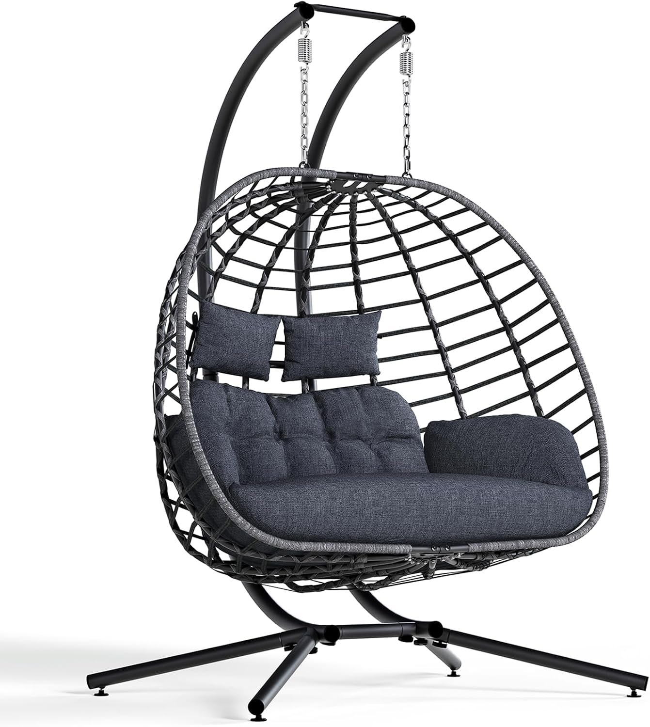 Double Egg Chair Outdoor with Stand, Patio Hanging Swing, Grey | Indoor 2 Person Egg Swinging with Cushion, Wicker Loveseat for Porch Balcony Backyard, Cozy Hammock Chairs 650 LBS Capaticy