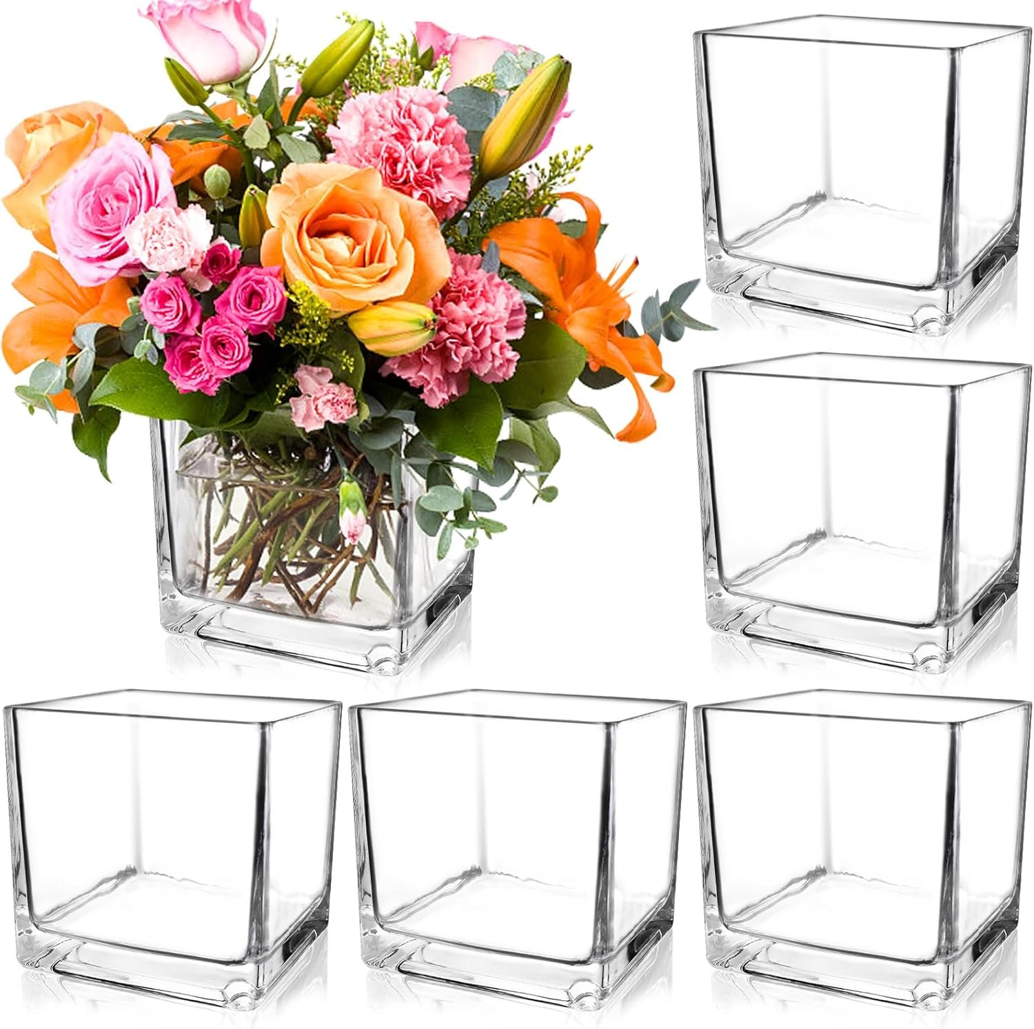 PINIWON 6 Pack Square Glass Vases 5 x 5 x 5 Inch, Clear Cube Flower Vases | Candle Holders for Centerpieces, Wedding Party Home Decor