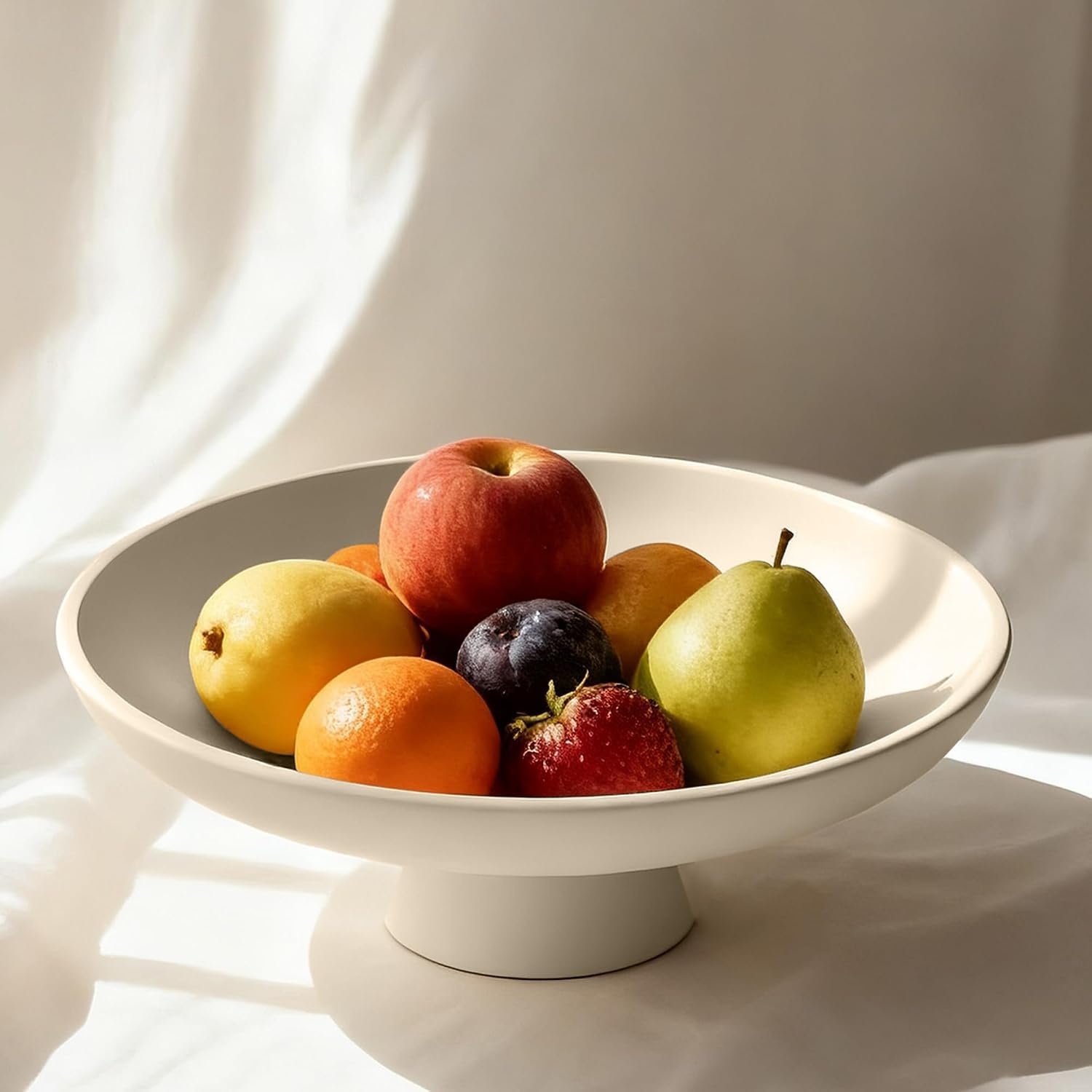11.81″ Pedestal Fruit Bowl, Concrete Large Decorative Fruit Bowls, Modern Fruit Bowl For Kitchen Counter, Footed Entryway Bowl For Keys, Cream White Decorative Entryway Table Bowl-Beige