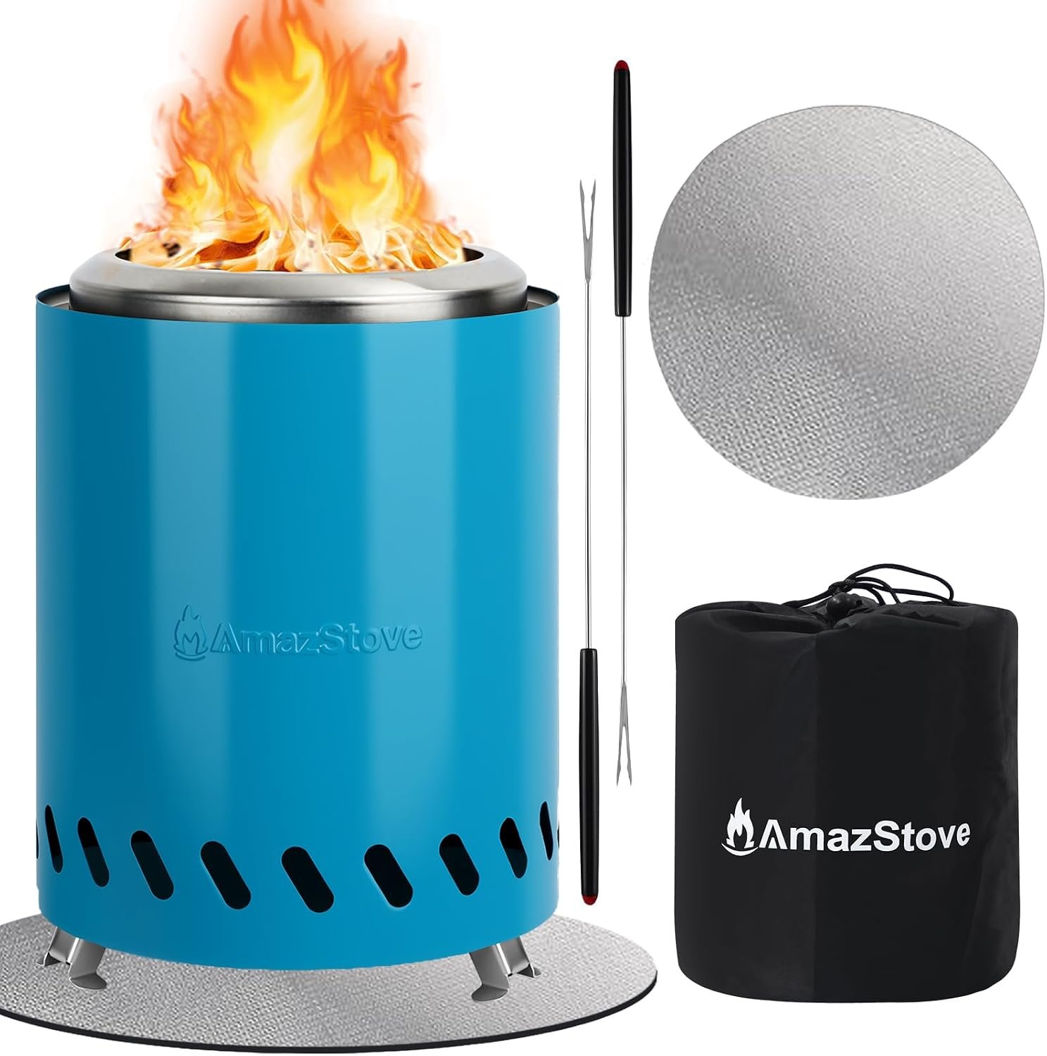 9.7 x 7.1 Inch Tabletop Fire Pit by AmazStove, Low Smoke Camping Stove for Outdoor Safe Burning Firepits, Fueled Pellets or Wood, Travel Bag Included (Blue, 9.7 x 7.1 INCH)
