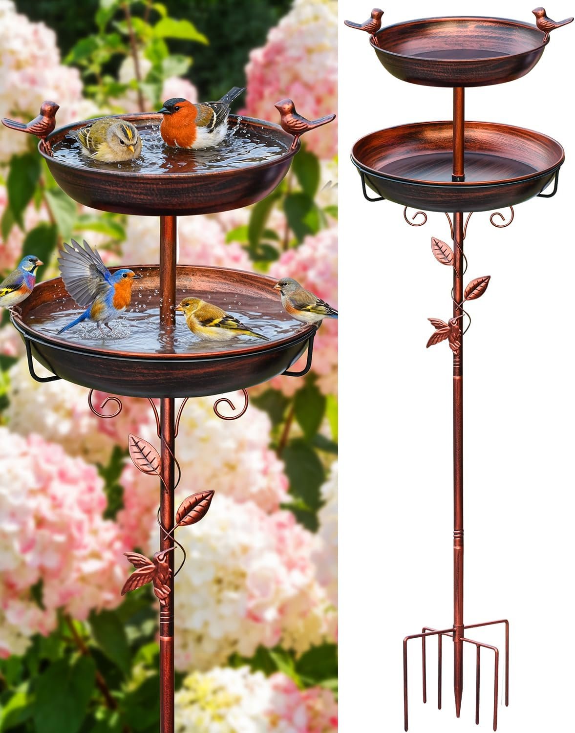 Metal Bird Bath for Outside – Outdoor Garden Decor Birdbath 2-Tier Water Bowl with Copper Finish Stake Adjustable Height 45” Tall for Yard