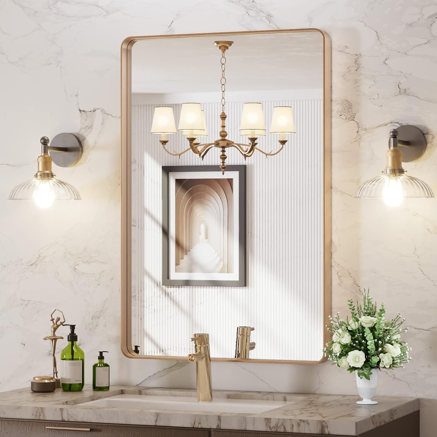 LOAAO 24″X36″ Gold Bathroom Mirror | Rounded Rectangle, Brushed Gold Frame, Wall-Mounted, Anti-Rust, Hangs Horizontally or Vertically