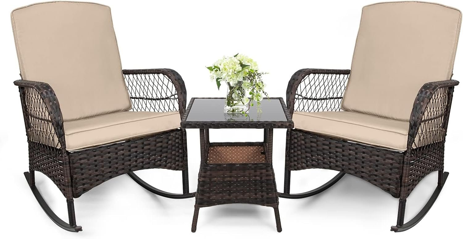 3 pcs Rocking Bistro Set Conversation Chairs PE Wicker Outdoor Rocking Chairs & Glass Table,for Porch Lawn Garden Backyard Deck(Rocking Set,Khaki)