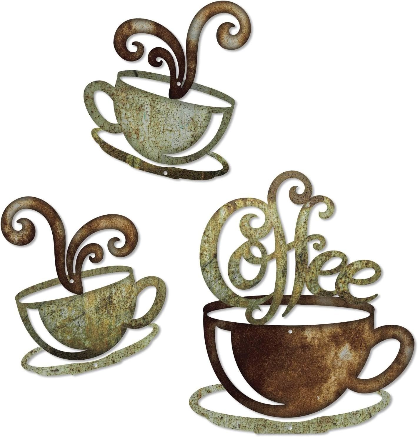 Putuo Decor Rustic Coffee Cup Metal Wall Decor, Vintage Coffee Bar Kitchen Wall Art, Set of 3 Farmhouse Bar Accessories Hanging for Dining Room Cafe Bakery