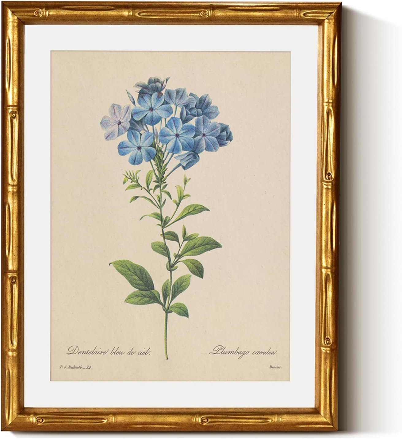 InSimSea Gold Bamboo Framed Canvas Wall Art, Vintage Minimalist Blue Botanical Prints, Antique Picture Frame with Mat, Victorian Home Wall Decor for Kitchen Dining Living Room Bedroom, 11x14inch