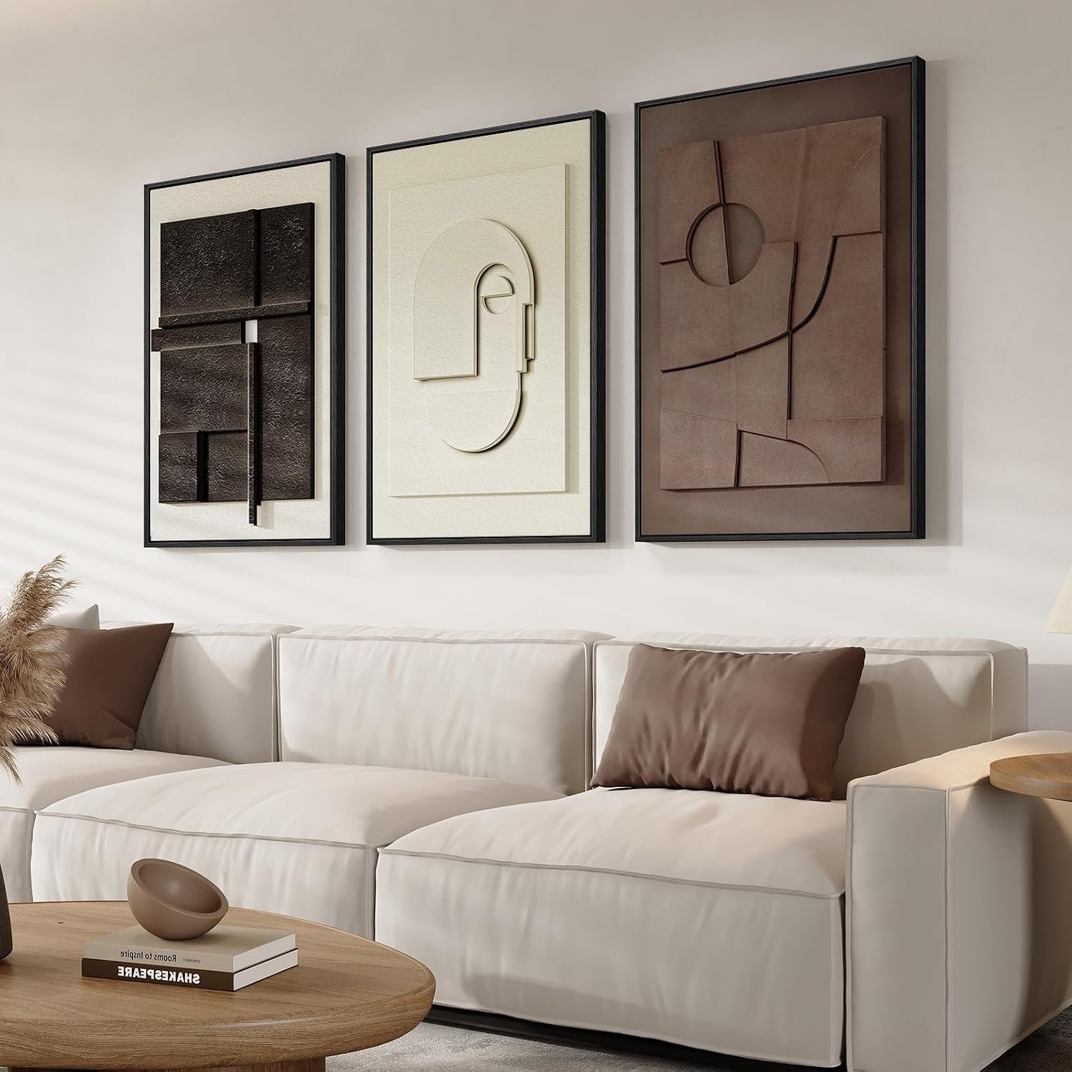 3D Textured Framed Abstract Wall Art, 3 Piece Modern Paintings Artwork for Walls, Black White Brown Geometric Sandstone Texture Pictures for Living Room Dining Room Bedroom Office Wall Decor 16×24 In | Texture Paintings, Minimalist Neutral Black White Brown Art, Living Room Dining Room Bedroom Office Pictures Wall Decor