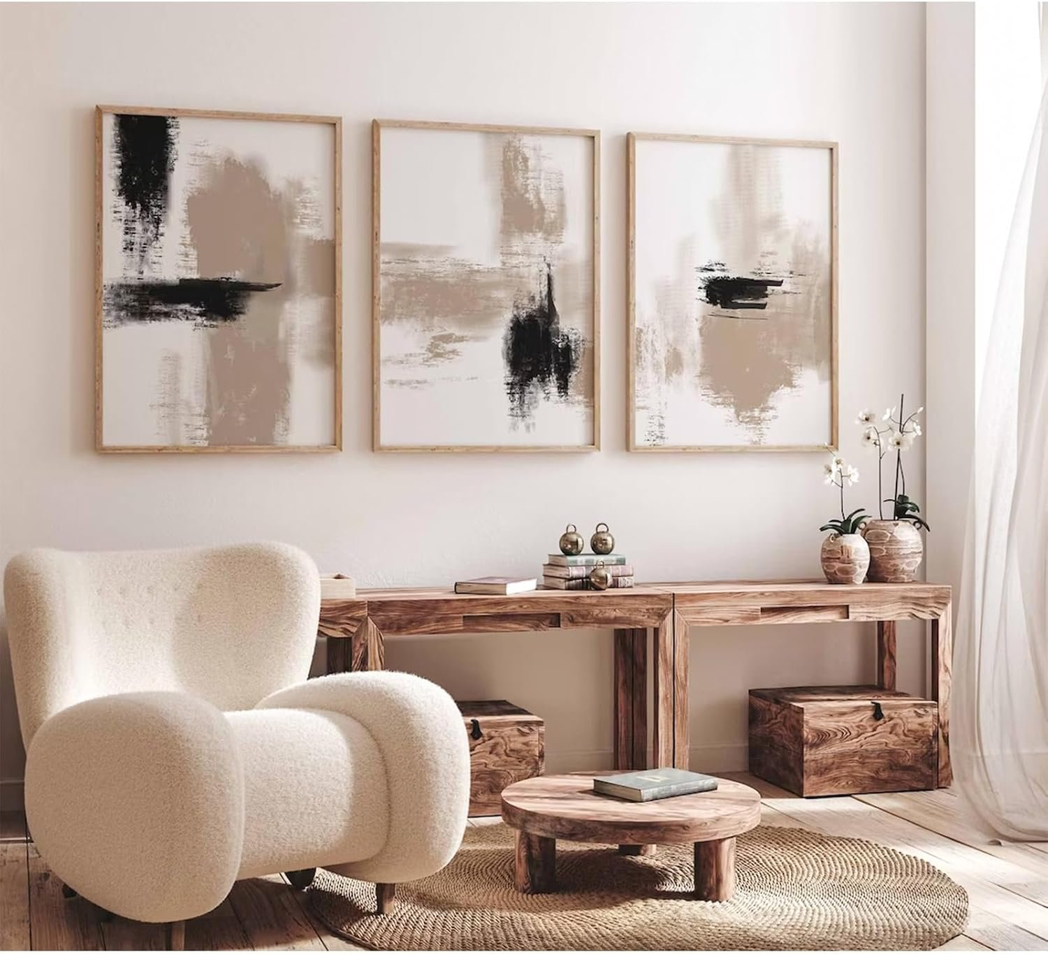 Joocrise Beige Abstract Wall Art Painting Set of 3 Neutral Canvas Wall Art Prints Black Beige Modern Wall Decor Minimalist Art Pictures Abstract Modern Artwork for Room Bedroom 16×24 Inch Unframed