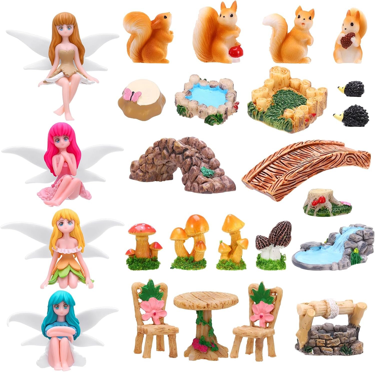 25Pcs Fairy Garden Accessories, Fairies Miniature Ornaments | 4 Fairies Squirrels, Mushroom House Pond Bridge, Resin Set, for Fairy Garden, Terrarium, and Pot Decor
