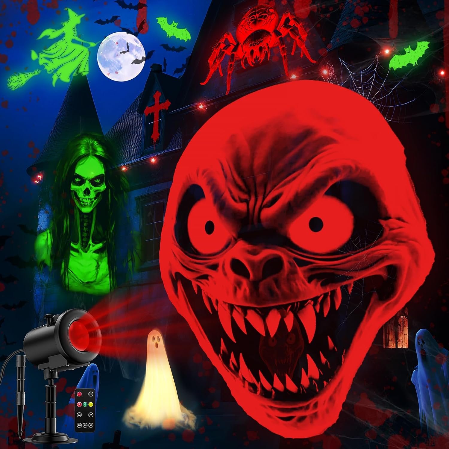 12 in 1 Halloween Projector Outdoor,3D Dynamic Halloween Decorations,Clearer Ghost/Spider/Bat/Skull/Witch/Nativity/Crucifix HD Patterns,Waterproof for Window Wall Cemetery Holiday Decor