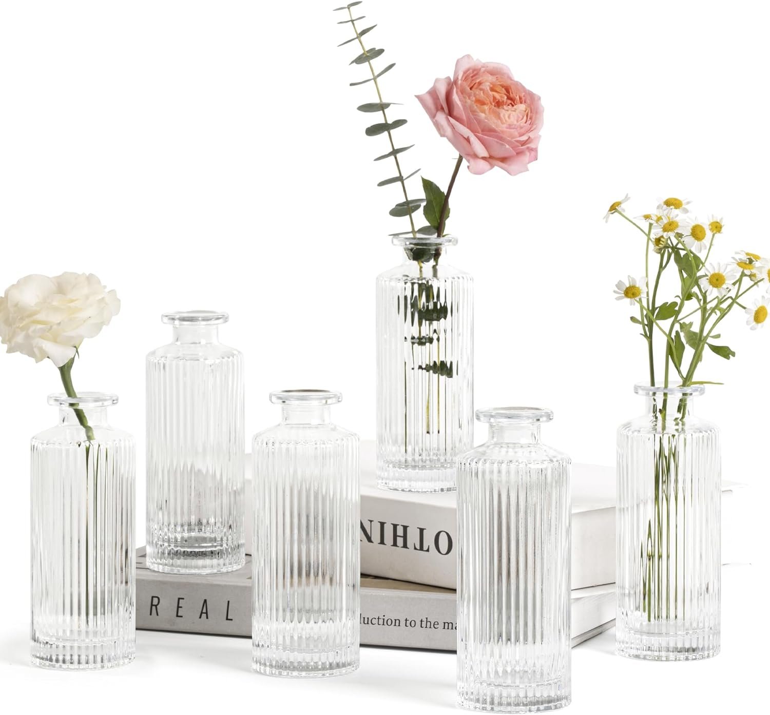 ComSaf Glass Small Bud Vases in Bulk 6 Pcs 5.2 Inch, Clear Flower Vases | Vintage Ribbed Style, Mini Bouquet Display, Wedding Centerpiece, Home Decor, Housewarming Gift, Valentine’s Day, Mother’s Day
