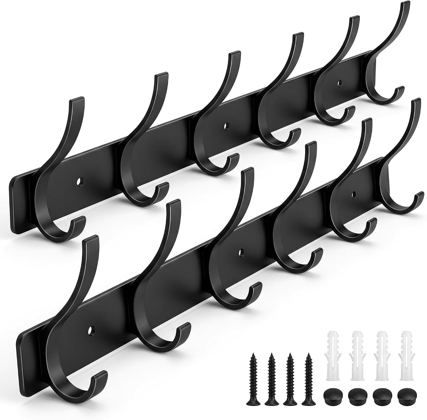 Coat Rack Wall Mounted,6 Coat Hooks for Hanging Coats,Metal Double Hook Rack Hook Rail,Coat Rack with Hooks,Wall Mount Coat Hanger for Hat Towel Purse Robes (2 Pack Black, 6 Hooks)
