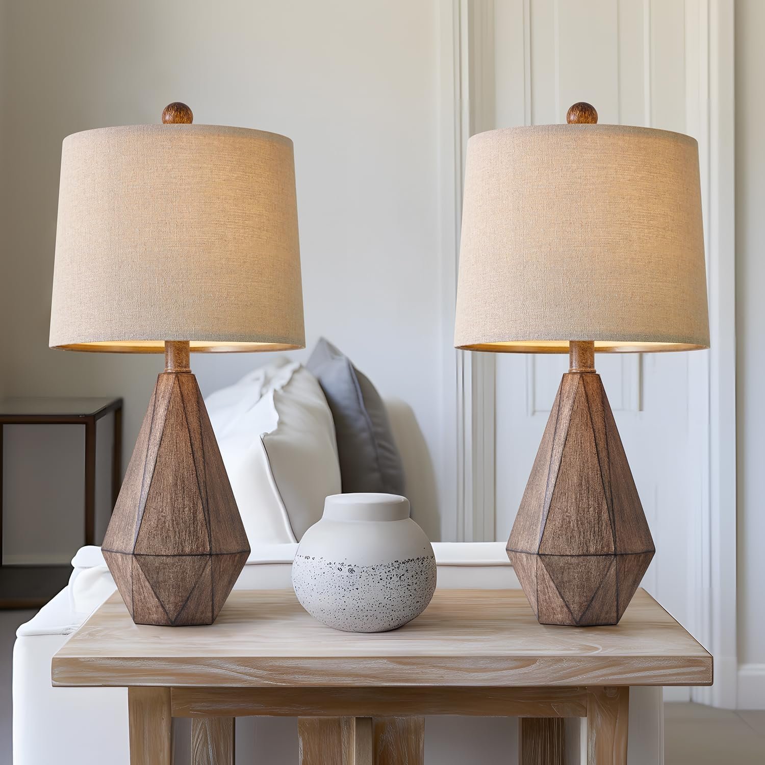 PoKat 20.25″ Retro Farmhouse Table Lamp Set of 2, Small for Bedside, Brown | Rustic bedroom lamps for nightstand, natural resin, compact design, rustic home decor for end table and hallway
