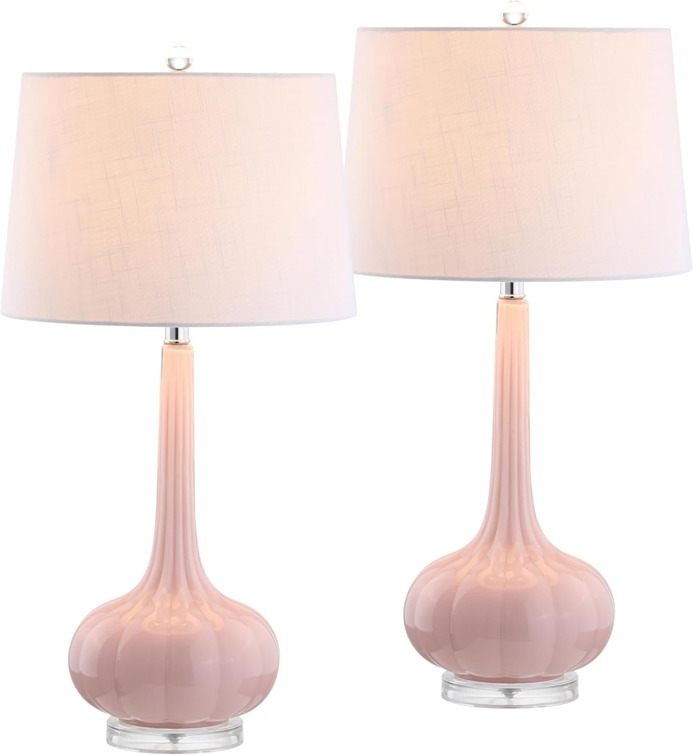 JONATHAN Y Bette Glass Teardrop Table Lamp 28.5″, Pink, Set of 2 | Metal, White Linen Drum Shade, Modern Transitional Nightstand Lighting, Rotary Switch, Silk Wrapped Cord, LED Bulbs Included