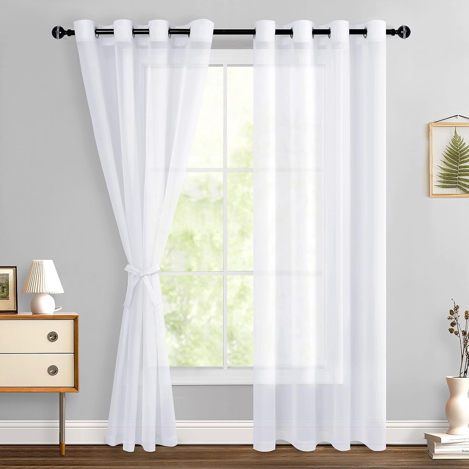 White Sheer Curtains 84 Inches Long with Tiebacks, Light Filtering Semi Transparent Lightweight Voile Grommet Window Curtains for Bedroom, Living Room, W52 x L84, Set of 2 Drape Panels
