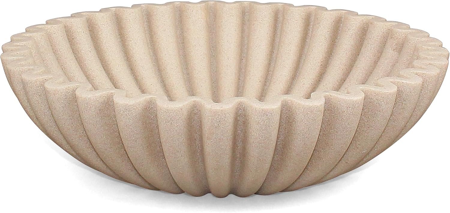 LIN CHUAN Ruffle Decorative Bowl, Large Fruit Bowl, Artificial Stone Beige | Sculptural ruffle design enhances kitchen counters, entryways, and tables. Durable resin finish for fruit, keys, and decor