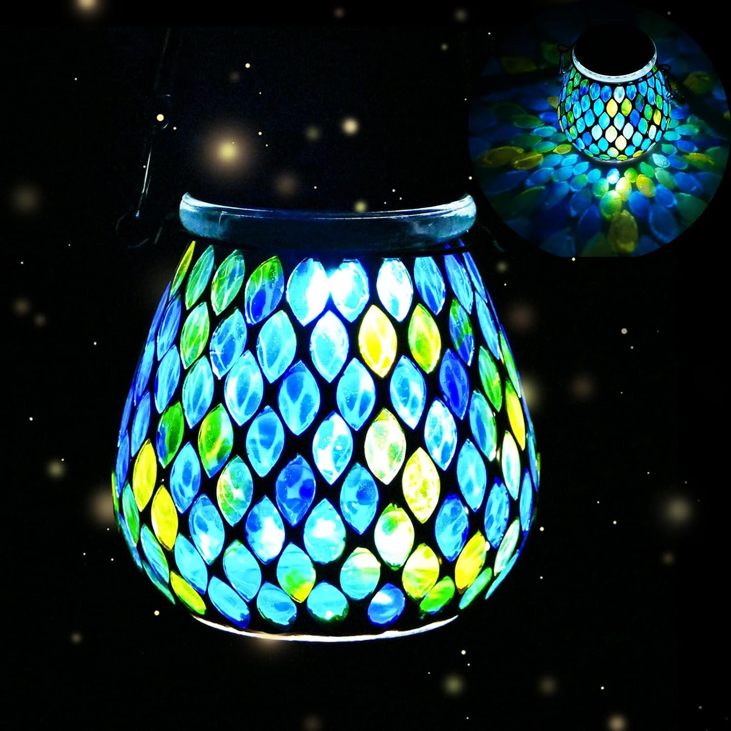 Mosaic Blue Solar Lanterns, Outdoor Glass Hanging Lights, Waterproof, Solar Table Lamps, Christmas Gifts for Women Mom Grandma, Night Lights, Decoration for Garden, Patio, Yard, Party, Outdoor Decor