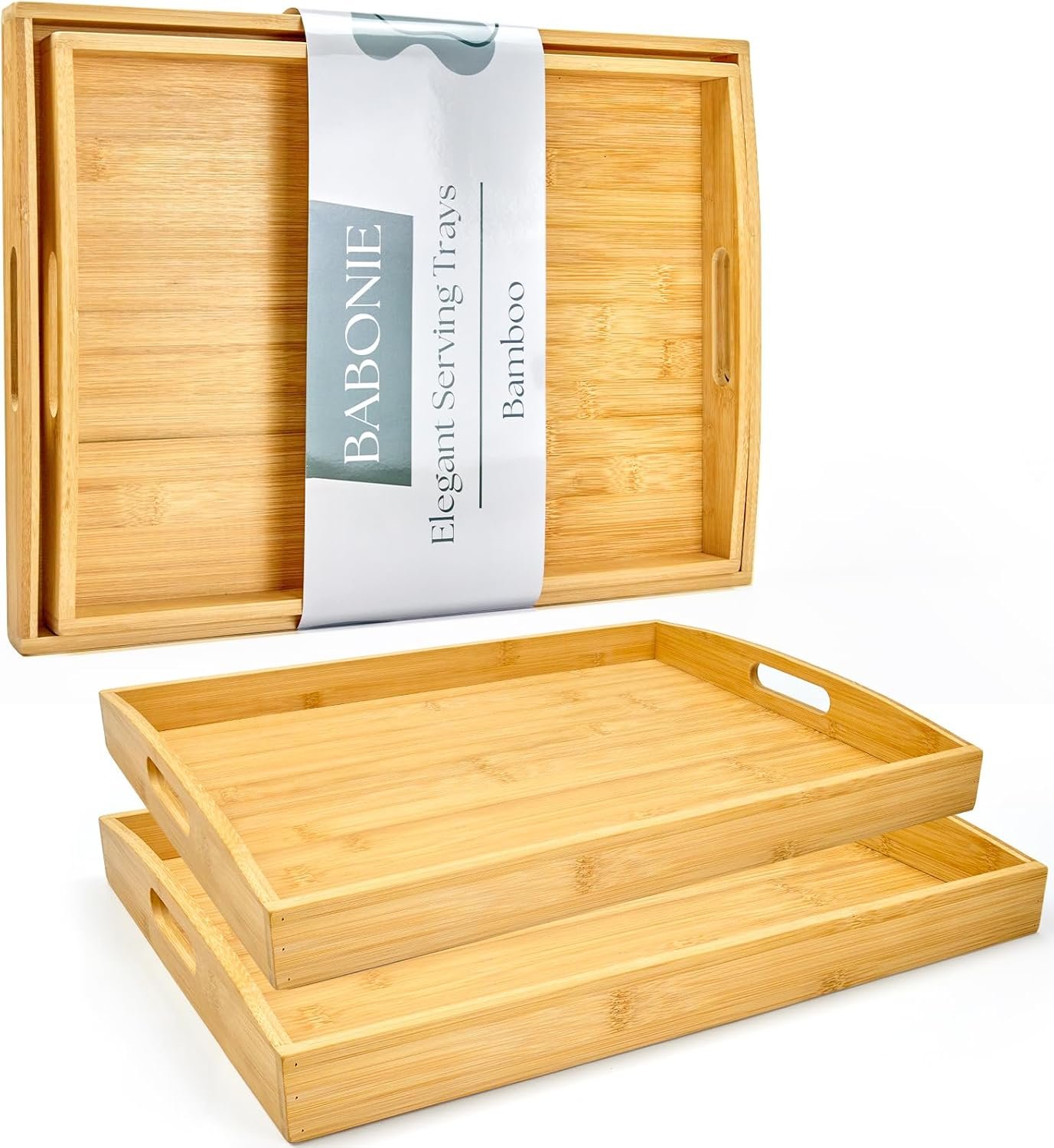 Bamboo Serving Tray Set of 2, Bamboo Trays with Handles | Decorative bamboo serving trays for serving, storage,kitchens, living rooms,bathrooms, outdoor dining 17″ × 13″ & 16″ × 12″