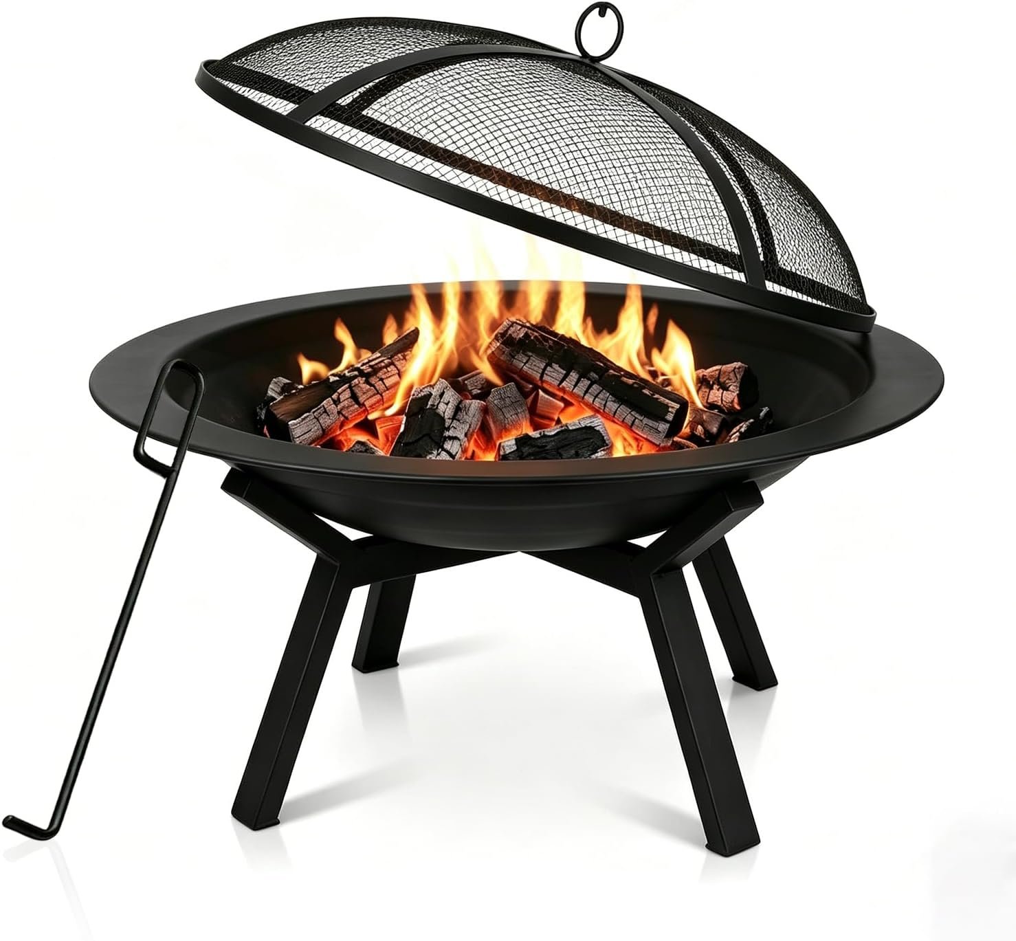 Outdoor Wood Burning Fire Pit, Heavy Duty Round Steel Fire Bowl for Backyard, Patio, Camping, Bonfire, Black Finish, with Mesh Spark Screen and Hook