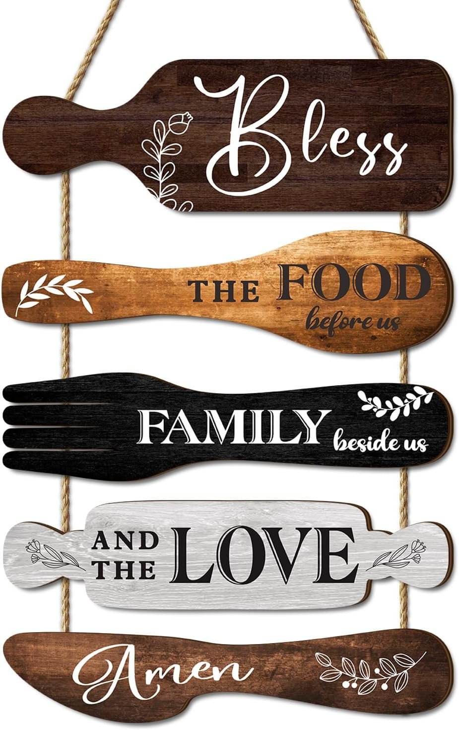 Dazzlewall 5Pcs Rustic Kitchen Cookware Wall Signs, Bless the Food | Country Wooden Plaques for Farmhouse Kitchen Wall Decor, Dining Room & Coffee Bar, Jute Rope for Easy Hanging