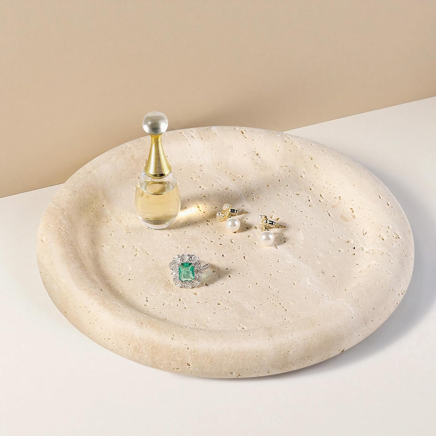 Italian Round Travertine Tray, 8″ Vanity Decorative Marble Tray for Countertop, Catchall for Perfume, Candles, Jewelry Dish
