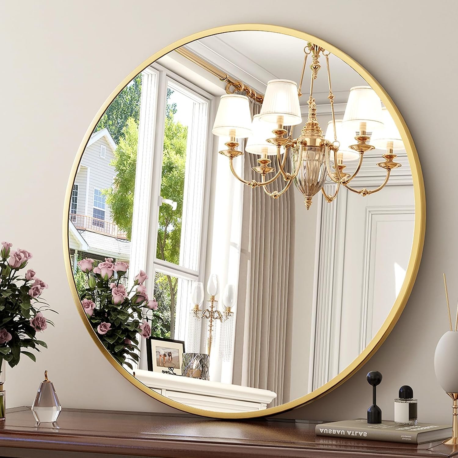 XRAMFY 24 Inch Round Mirror-Gold Circle Mirrors for Bathroom, Entryway | Modern Hanging Vanity Mirror for Livingroom, Wall Decor, Bedroom, Matte Gold Circle Decorative Wall Mirror