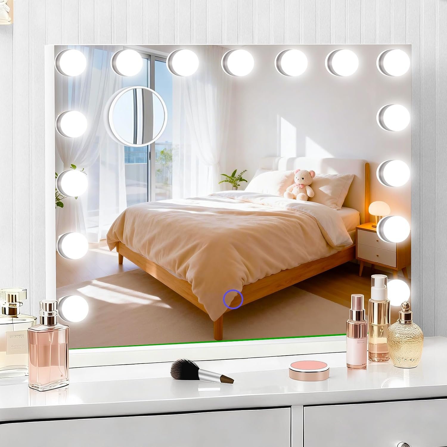 Hollywood Vanity Mirror with Lights, 23″ x 18″ Lighted Makeup Mirror with 15 Led Bulbs, 3 Color Lights, 10x Magnification, Desk/Wall Mounted, Bedroom College Dorm Room Essentials