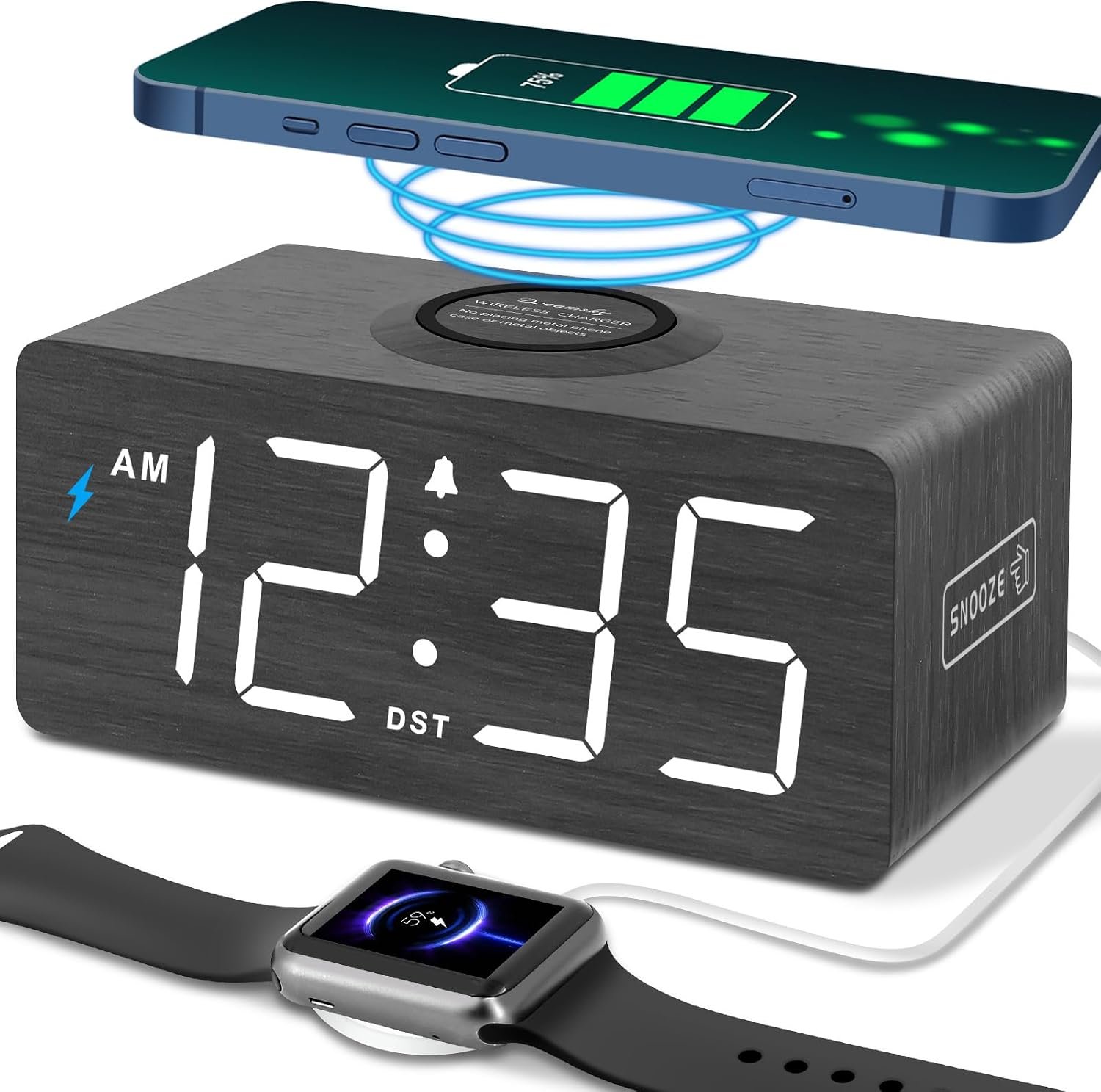 DreamSky Wooden Digital Alarm Clock with Wireless Charging for Bedroom | Bedside Nightstand Clock with Charger Station, USB Port, Large Numbers, Adjustable Volume, Brightness Dimmer, DST