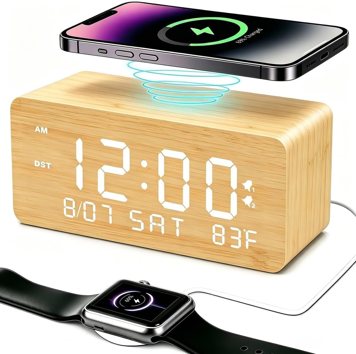 Andoolex Wooden Digital Alarm Clock with Wireless Charging, 0-100% Adjustable Brightness Dimmer and Alarm Volume, Weekday/Weekend Mode, Dual Alarm, Snooze, 12/24H, Wood LED Clock for Bedroom (Bamboo)
