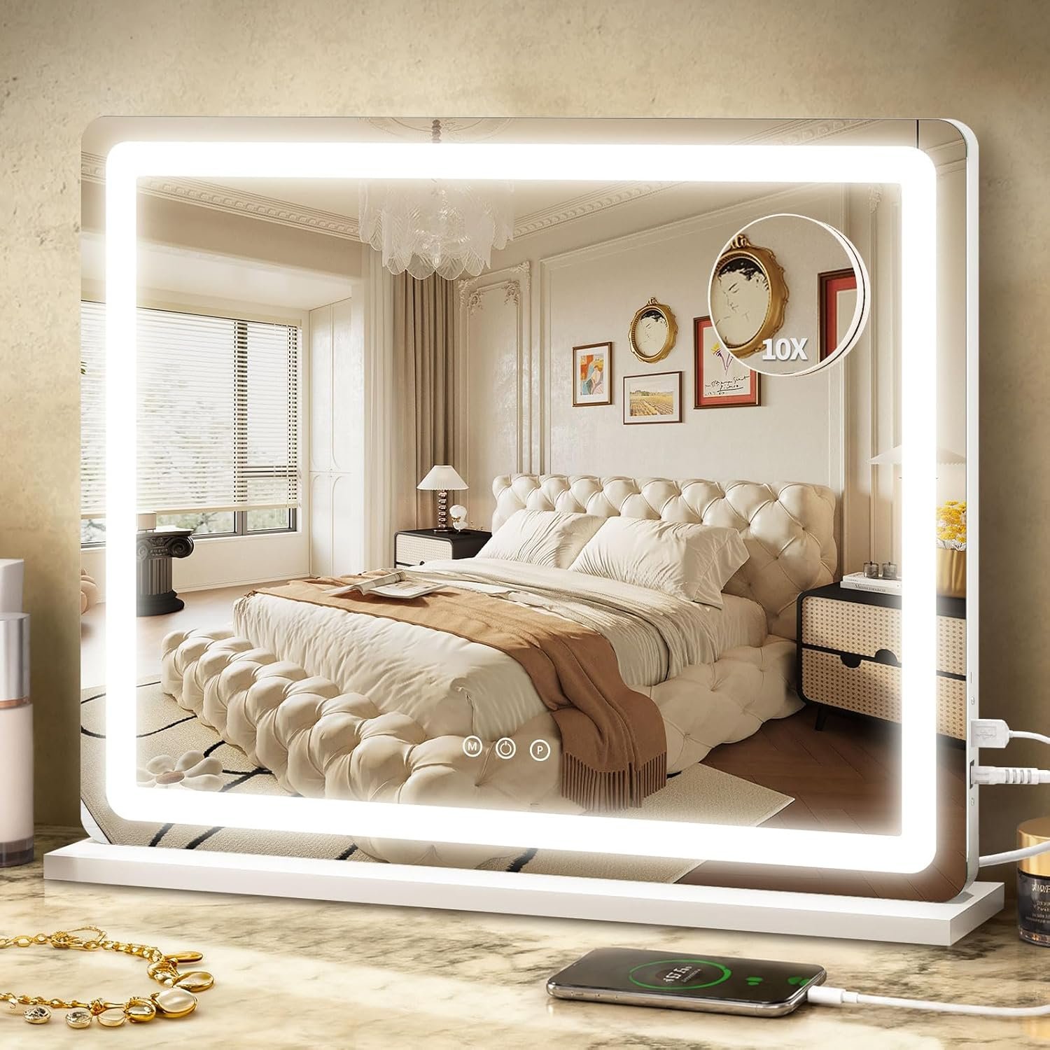 ROLOVE 23″x 18″ Large Vanity Mirror with Lights, LED Makeup Mirror for Dresser and Desk, 10X Magnification, Dimmable Touch Control, Wall Mounted or Tabletop Mirror for Bedroom (White)