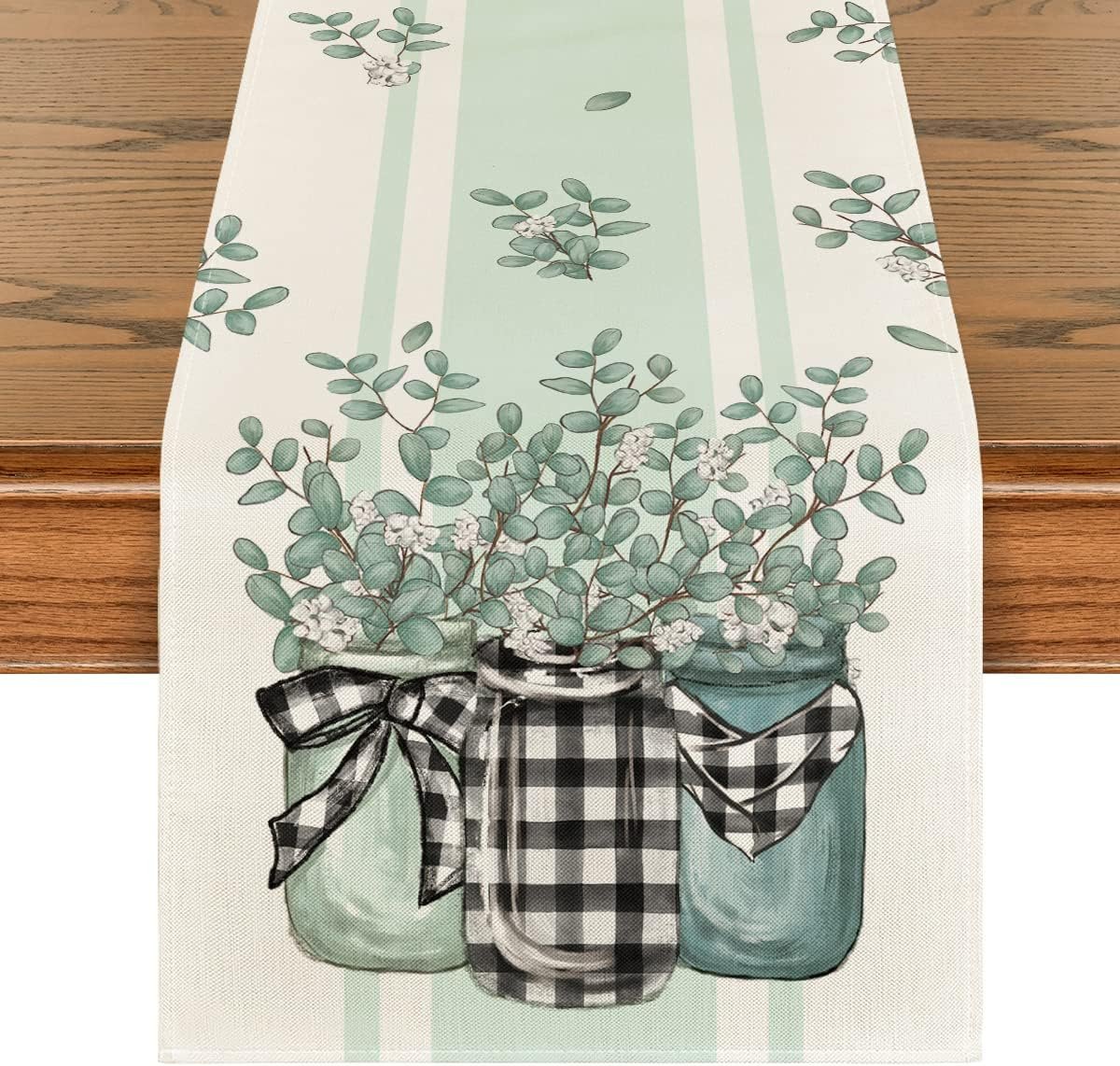 Artoid Mode Buffalo Plaid Eucalyptus Vases Summer Table Runner, Spring Kitchen Dining Table Decoration for Home Party Decor 13×72 Inch