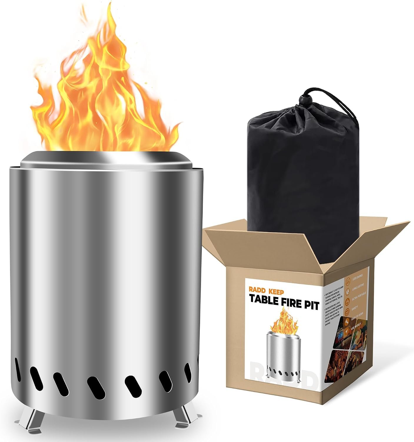Tabletop Fire Pit – Smokeless Wood or Pellet Stove with Stand and Carry Bag | 6inch stainless steel mini fire pit for camping and patio 360° airflow dual-fuel burn wood stand and travel bag included