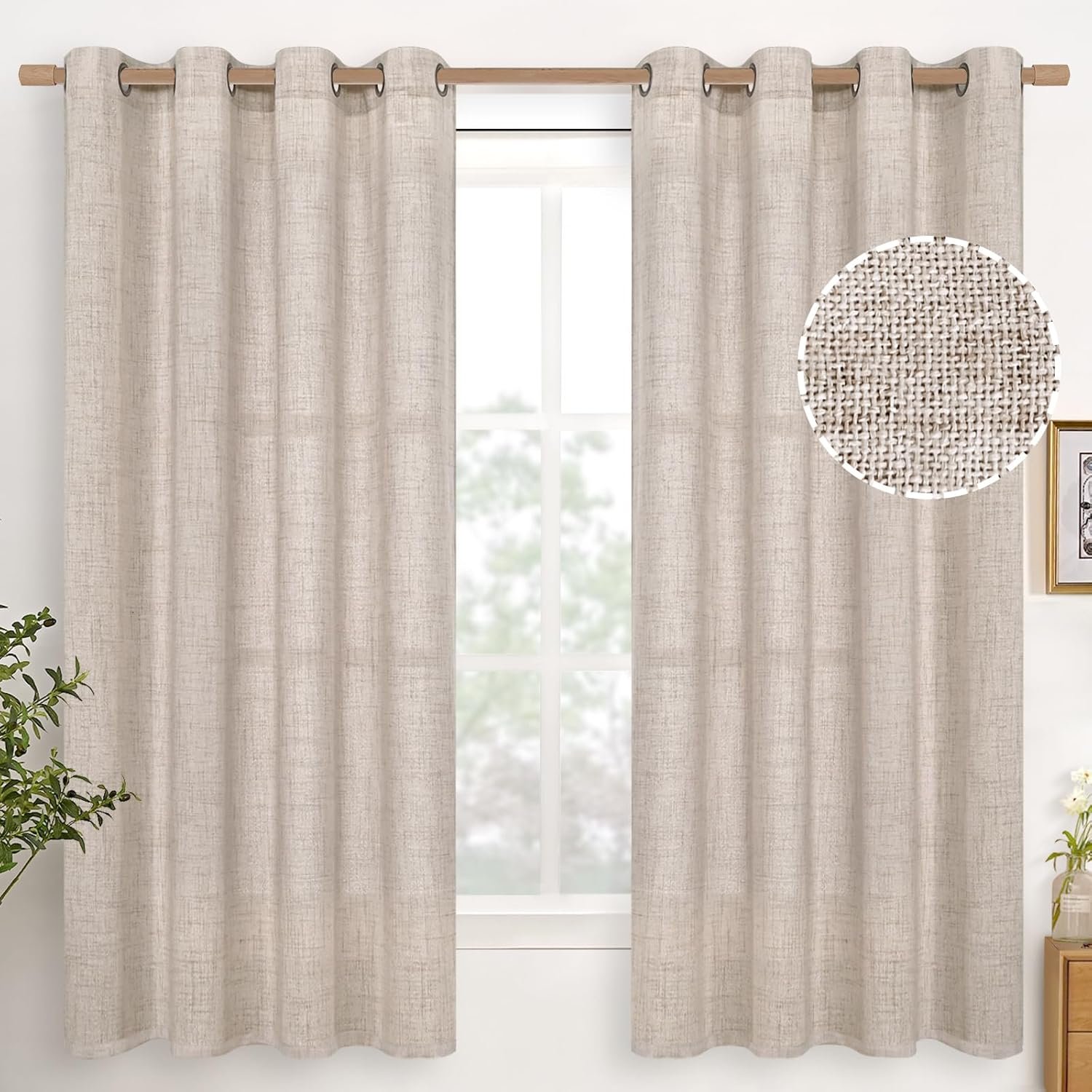 YoungsTex Linen Semi Sheer Curtains 63 Inch Length, Light Filtering Drapes | Bronze Grommet Beige Window Treatments for Office Bedroom Living Room, 2 Panels, 52 X 63 Inch