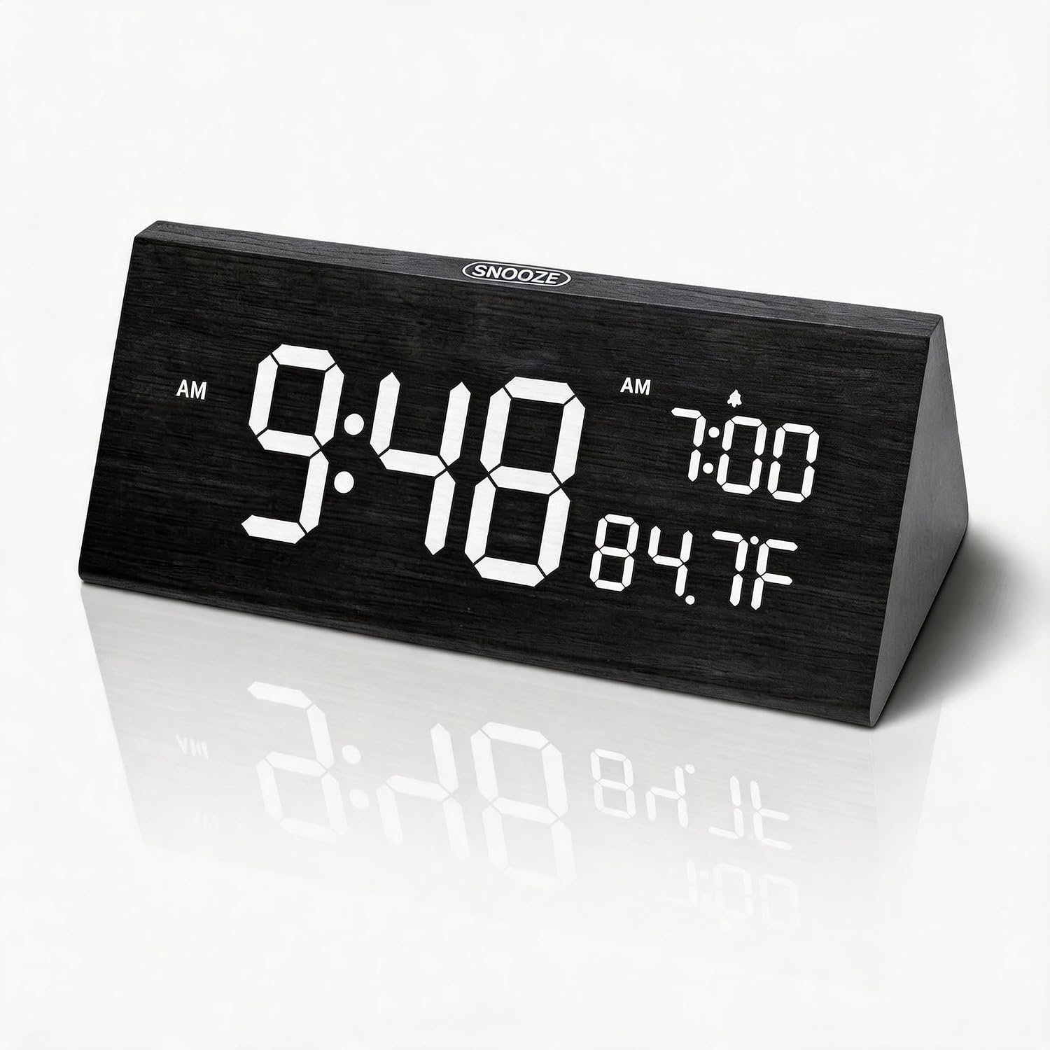 OhM-ega Wooden Digital Alarm Clock, Electric Clocks with Dual USB Port, Large Numbers, Temperature Display, Brightness Dimmer, Sound-Activated Display, Snooze, 12/24H, Black