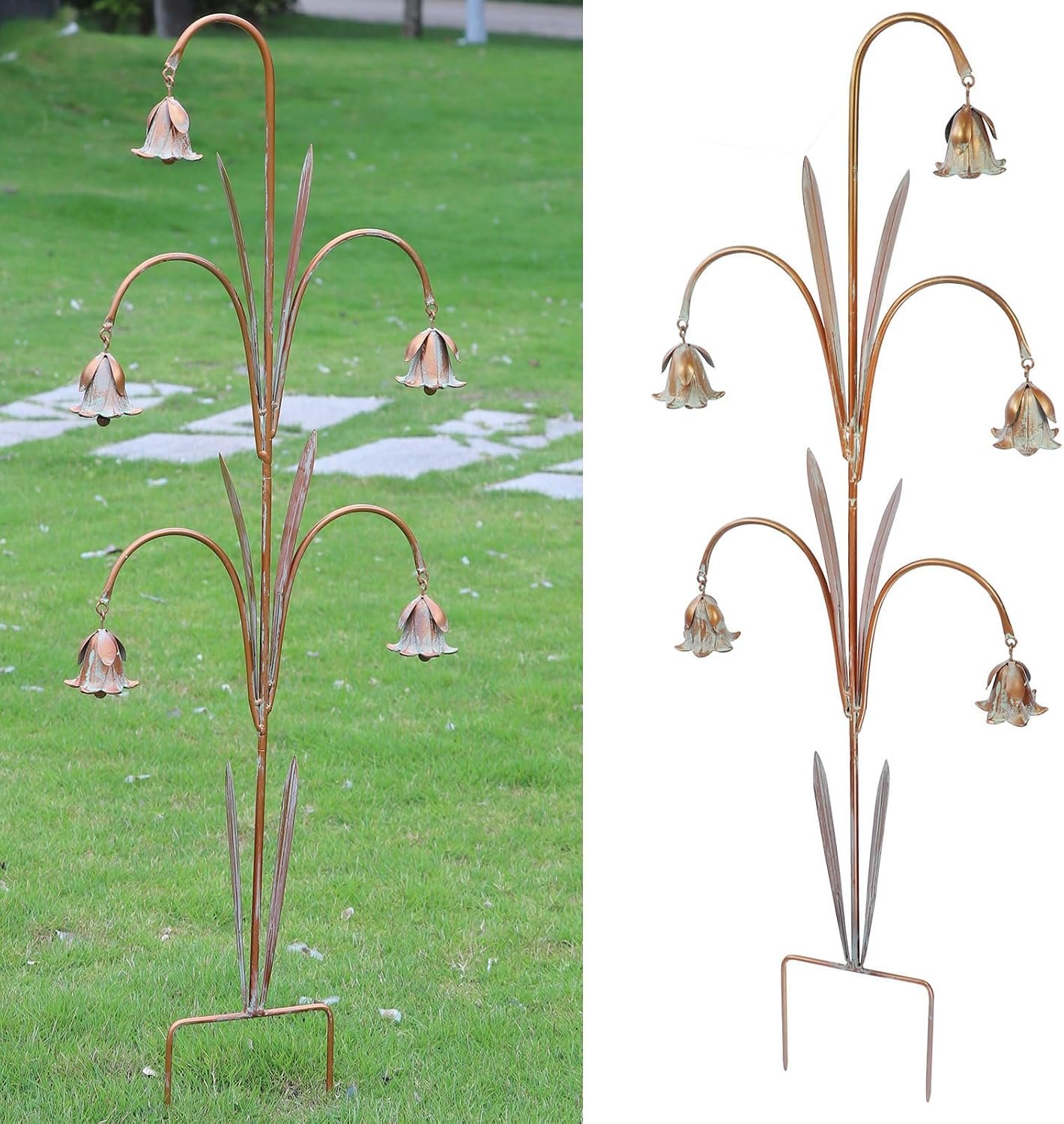 Metal Flowers with Bells for Outside Garden art, Decorative Garden Stakes | 41″ H Outdoor Decoration for Patio Garden Decor.