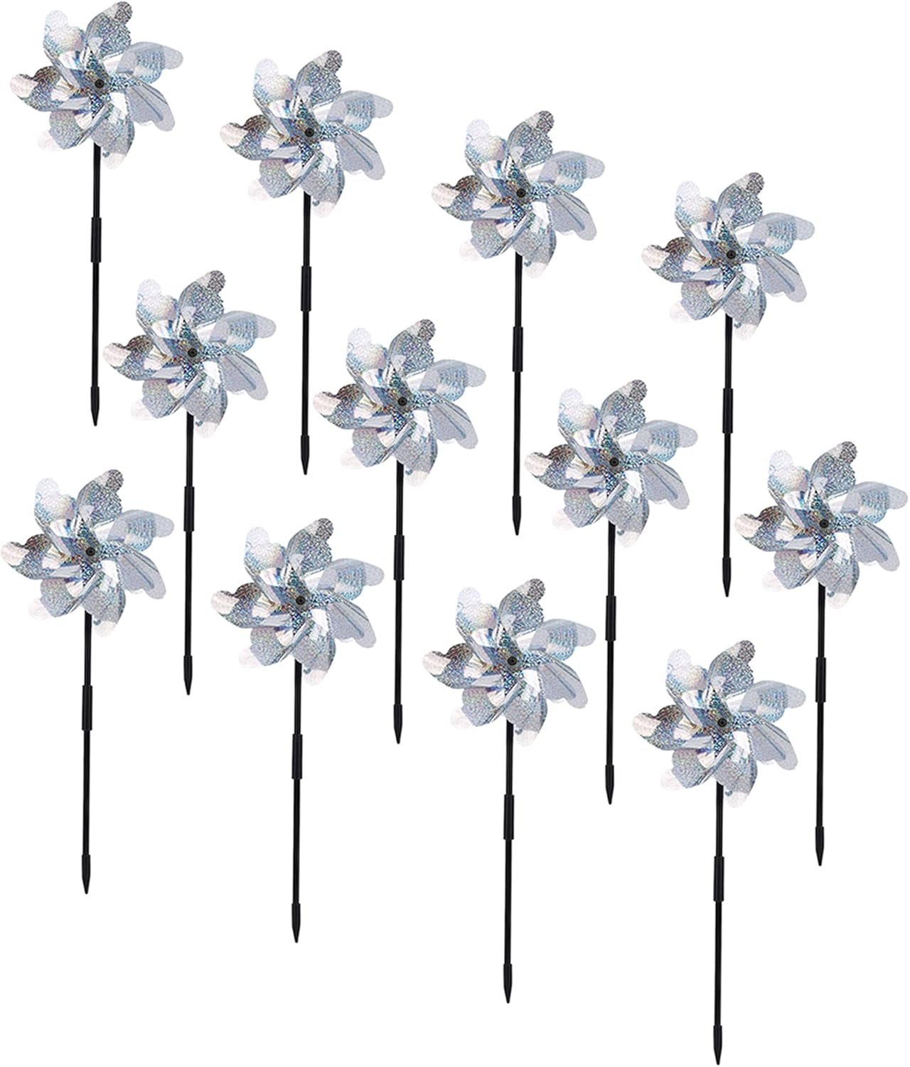 BATTIFE Preassembled Reflective Pinwheels for Yard & Garden, Silver, 12Pack | Sparkly Reflective Material Spinner, Spins Best in Steady Wind, Animal-Deterrent Results Vary by Placement and Conditions