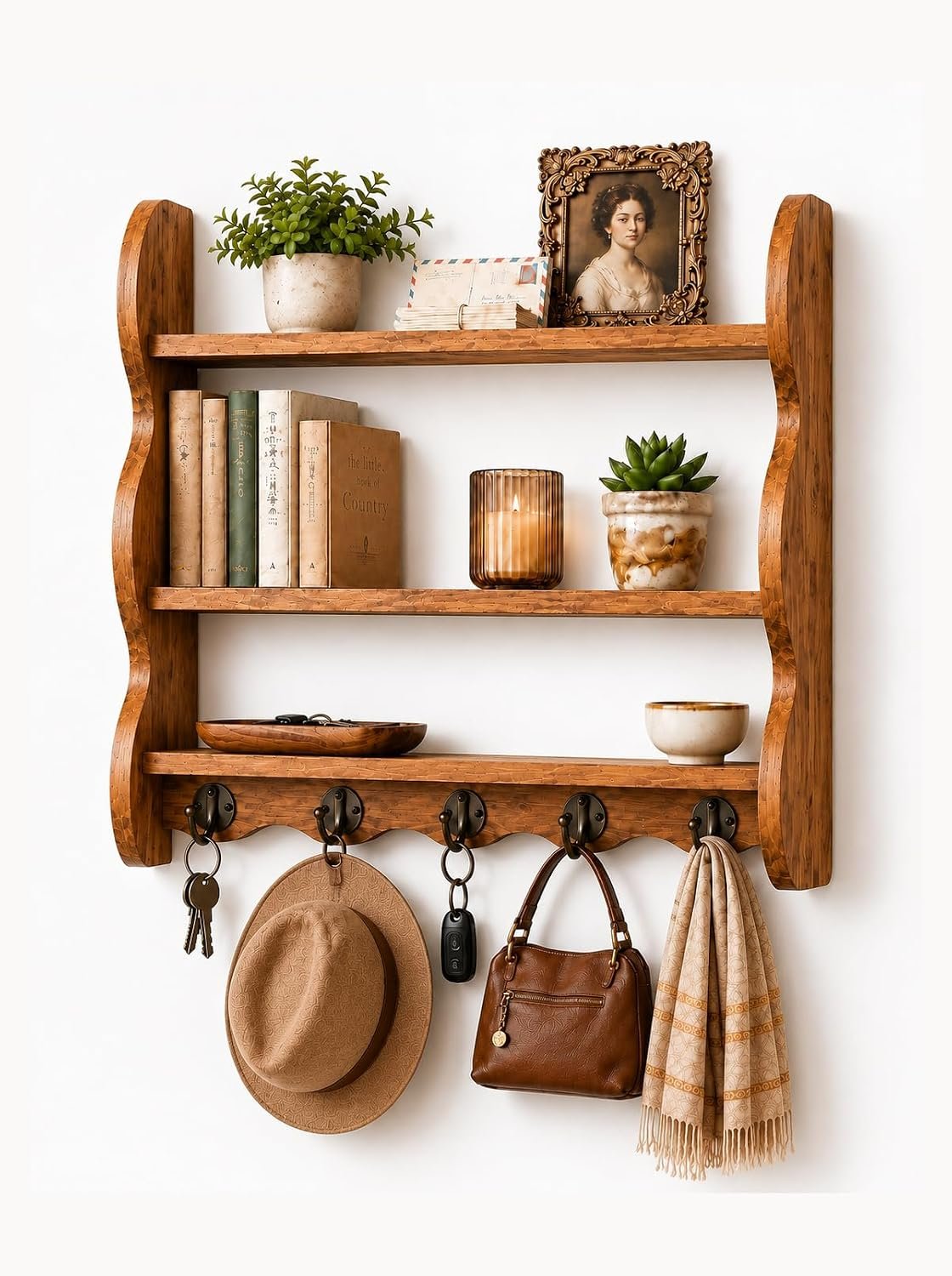 3 Tier 100% Solid Wood Wall Shelf with 5 Hooks, Vintage Wooden Shelf, Rustic Scalloped Edge Floating Shelf for Wall Decor and Storage, Farmhouse Display Shelf for Kitchen, Bathroom, Bedroom