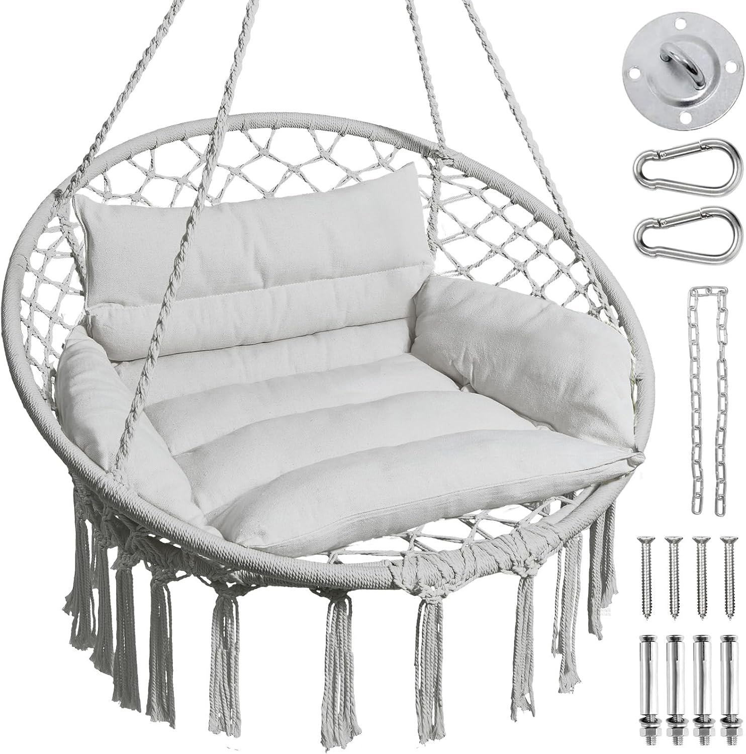 Greenstell Hammock Chair, Macrame Swing Chair with Comfy Cushion, Boho Hanging Chair for Outdoor & Indoor, Perfect for Bedroom, Patio, Balcony, Hold up to 350Lbs, Grey