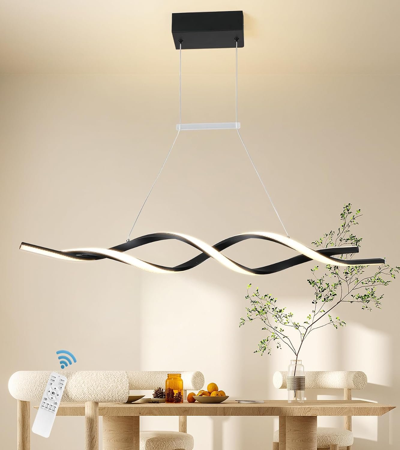 Jaycomey Modern Chandelier with Remote, Dimmable LED Dining Room Light | 39.4in 28W Black Wave Pendant, 3000K-6500K, 10%-100% Dimming, Adjustable Height for Kitchen Island and Dining Table