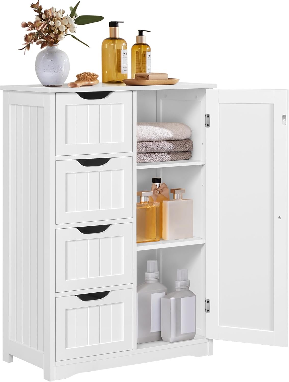 Yaheetech Small Bathroom Storage Cabinet with 4 Drawers & Door, White | Floor Cabinet Organizer for Hallway, Living Room, 3-Position Adjustable Shelf, Beadboard Detail, MDF, 12″D x 22″W x 32.5″H