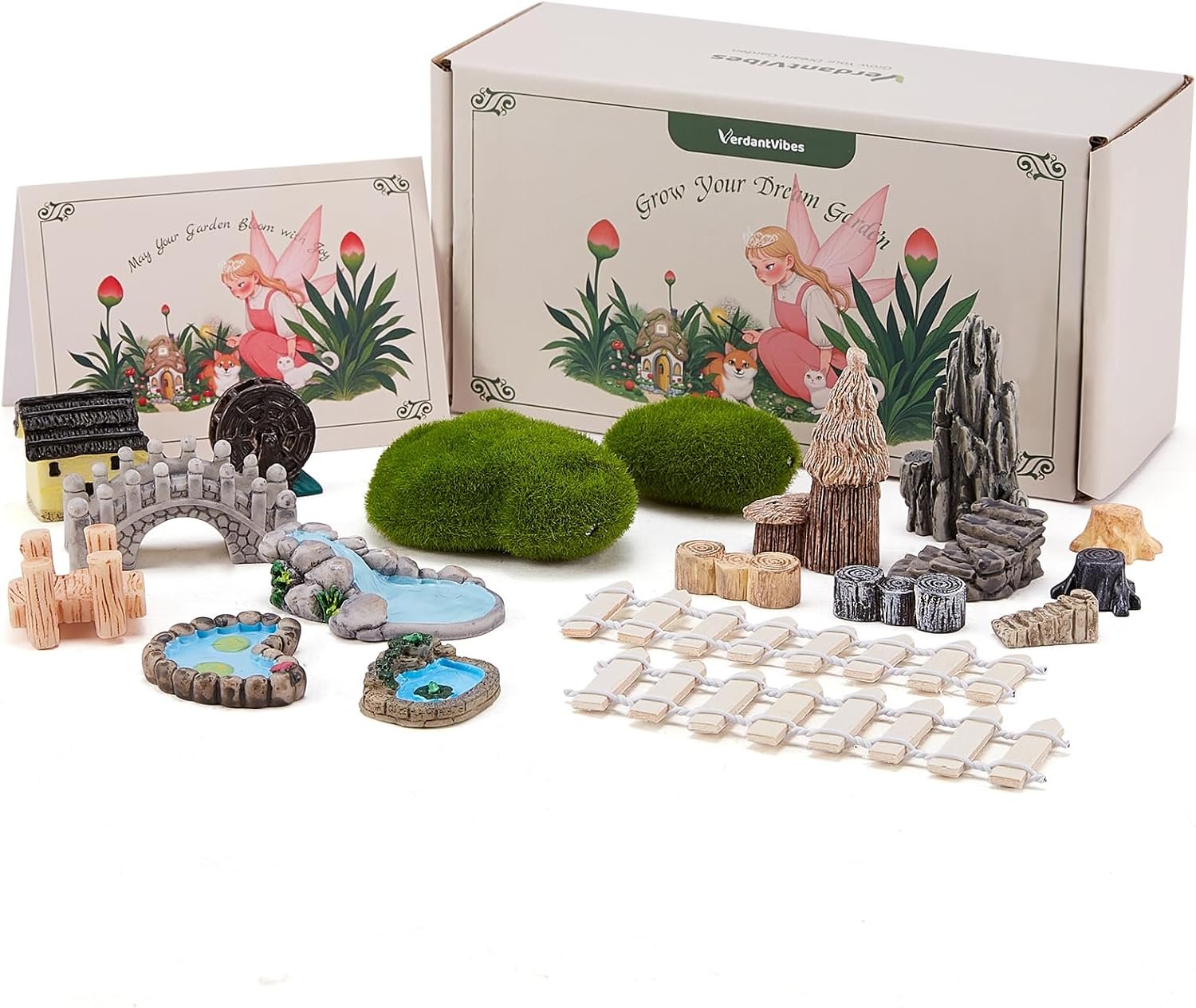 VerdantVibes 21-Piece Fairy Garden Kit with Mini Bridge, Waterwheel & Tree Stump Piers – Woodland Pond Decor Set for DIY Craft, Indoor/Outdoor Garden Accessories